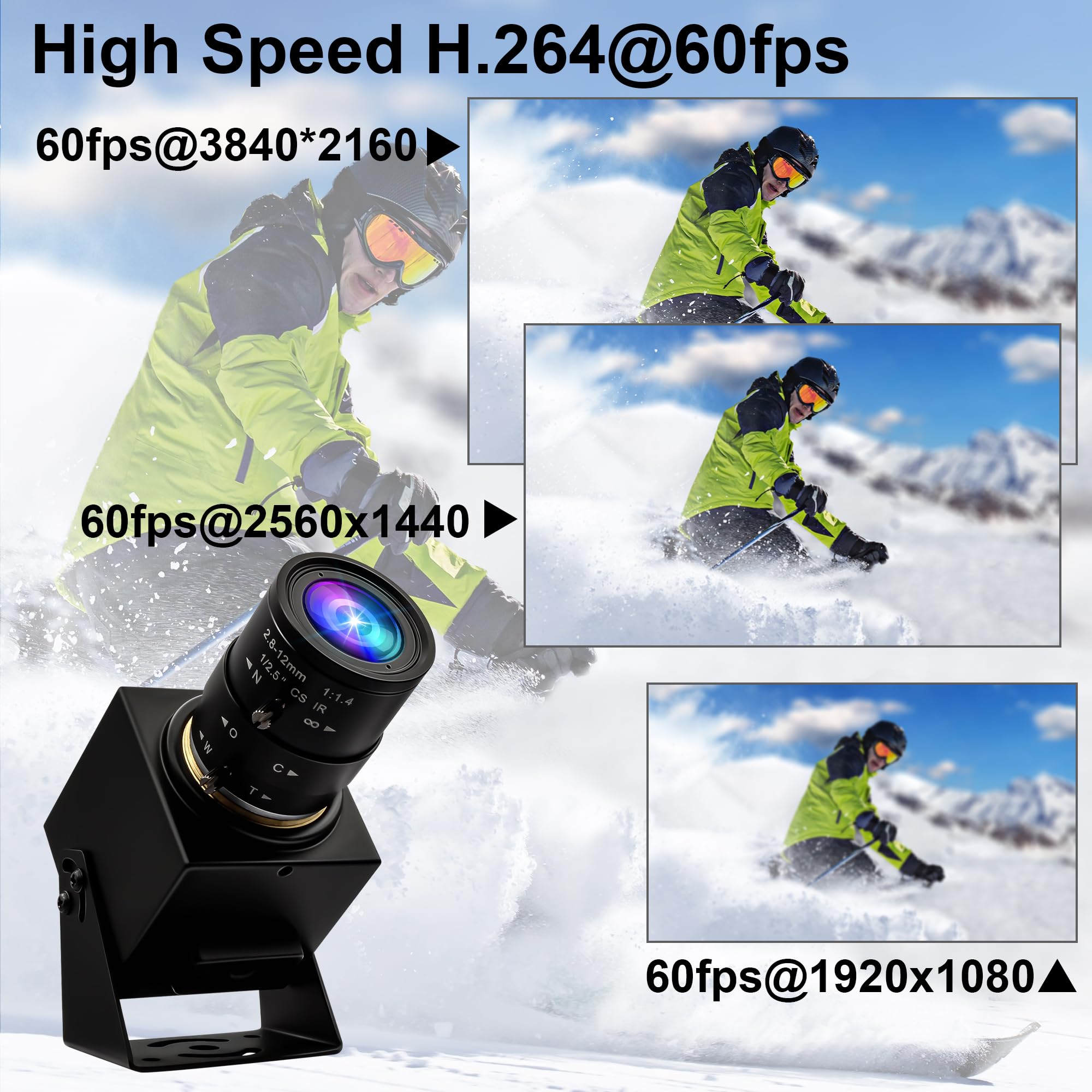 ELP Webcam USB 3.0 4K 60fps - Uscita HDMI per TV/Monitor - Zoom Manuale - Videoconferenza PC Camera ad alta velocità - Messa a fuoco variabile H.264