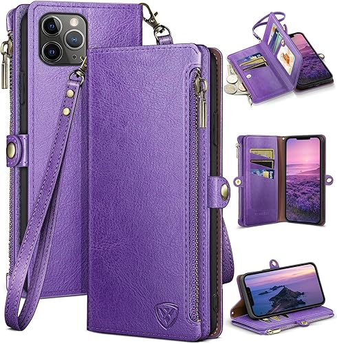 XcaseBar Funda tipo cartera para iPhone 11 Pro Max de 6.5 pulgadas con cremallera y tarjetero de crédito con bloqueo RFID, funda de piel sintética