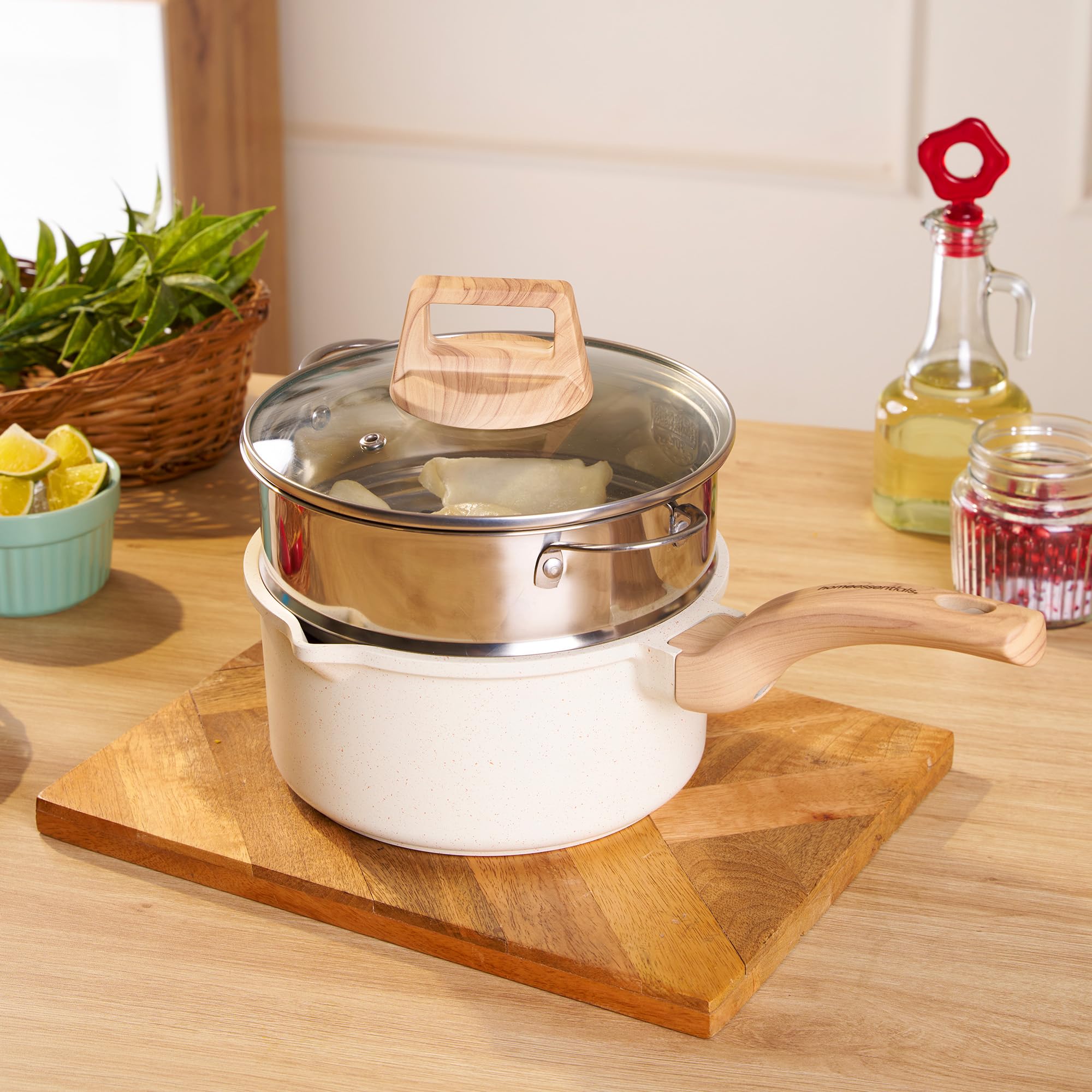 HomeEssentials Maifan Stone Sauce Pan with Steamer - Nonstick Pan with Glass Lid & Wooden Handle | Small Saucepan | Cooking Pan for Soup, Noodles, Tea, Pasta & Steamed Vegetables and Dim Sum (White)