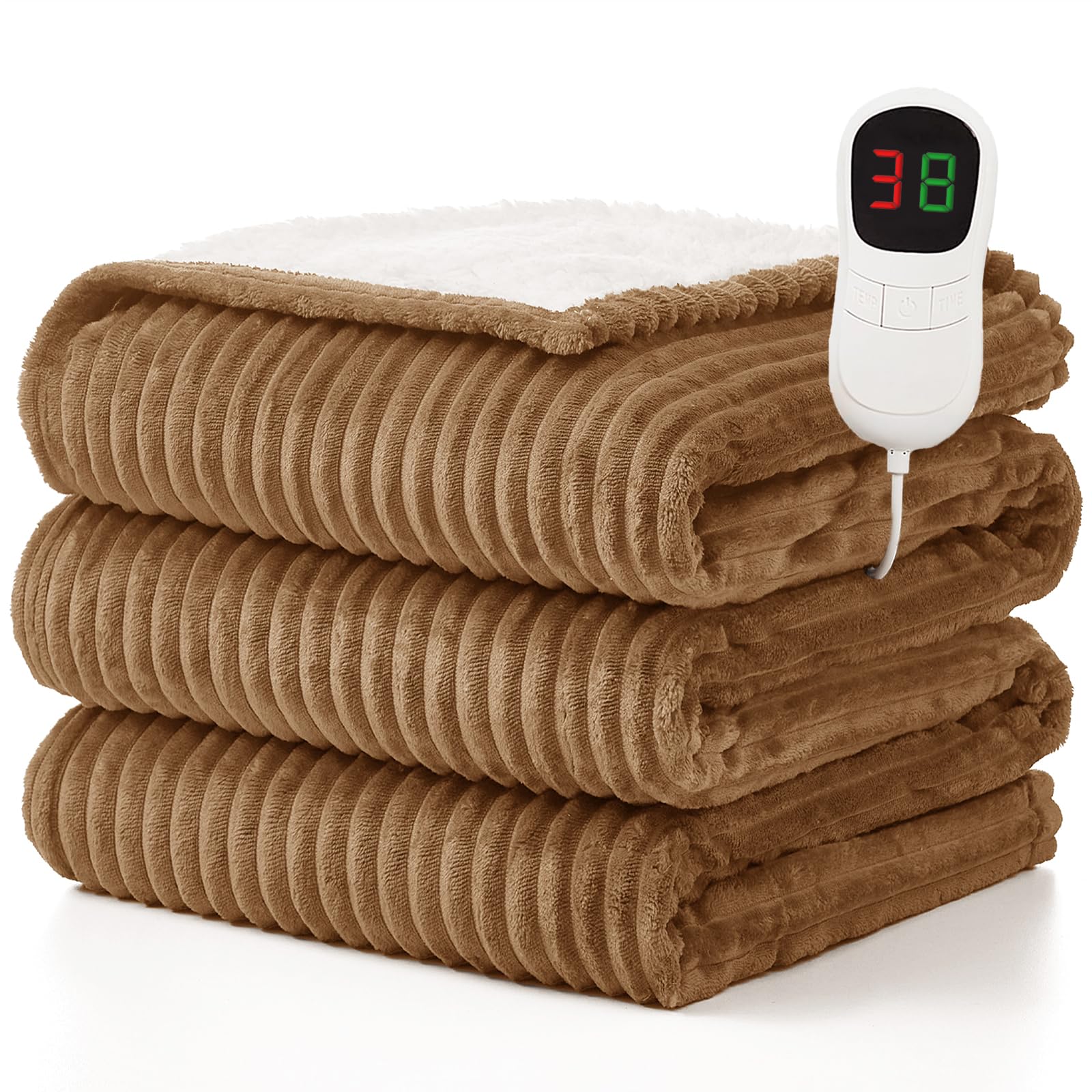 Homemate Electric Blanket Heated Throw - 130x160cm, 1/2/4/6/8 Hours Auto-Off 10 Heat Levels Over-Heat Protection Soft Flannel Sherpa Washable Blanket Beige — image 1