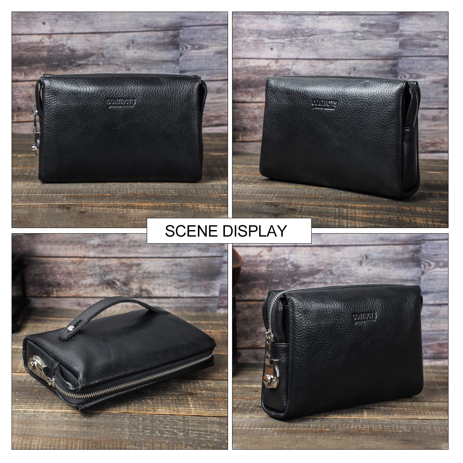 CONTACTS Bolso de mano de cuero genuino con tarjetero para hombre, cartera de gran capacidad con cerradura de combinación antirrobo