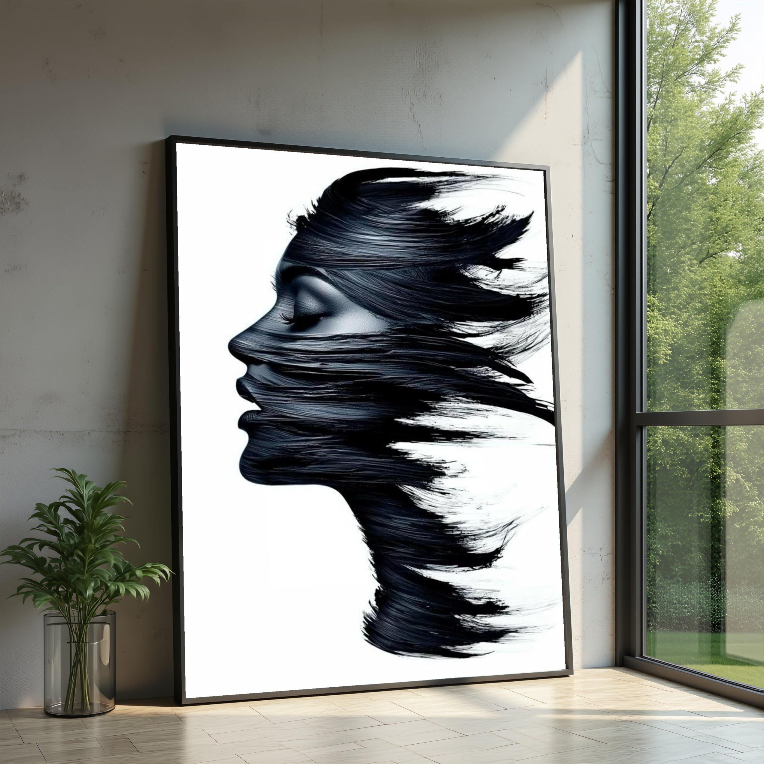TONGYINLI Abstract Woman Profile Canvas Oil Painting, Black White Art Wall Pictures, Minimalist Female Silhouette Posters Print(70x110cm/Frameless)