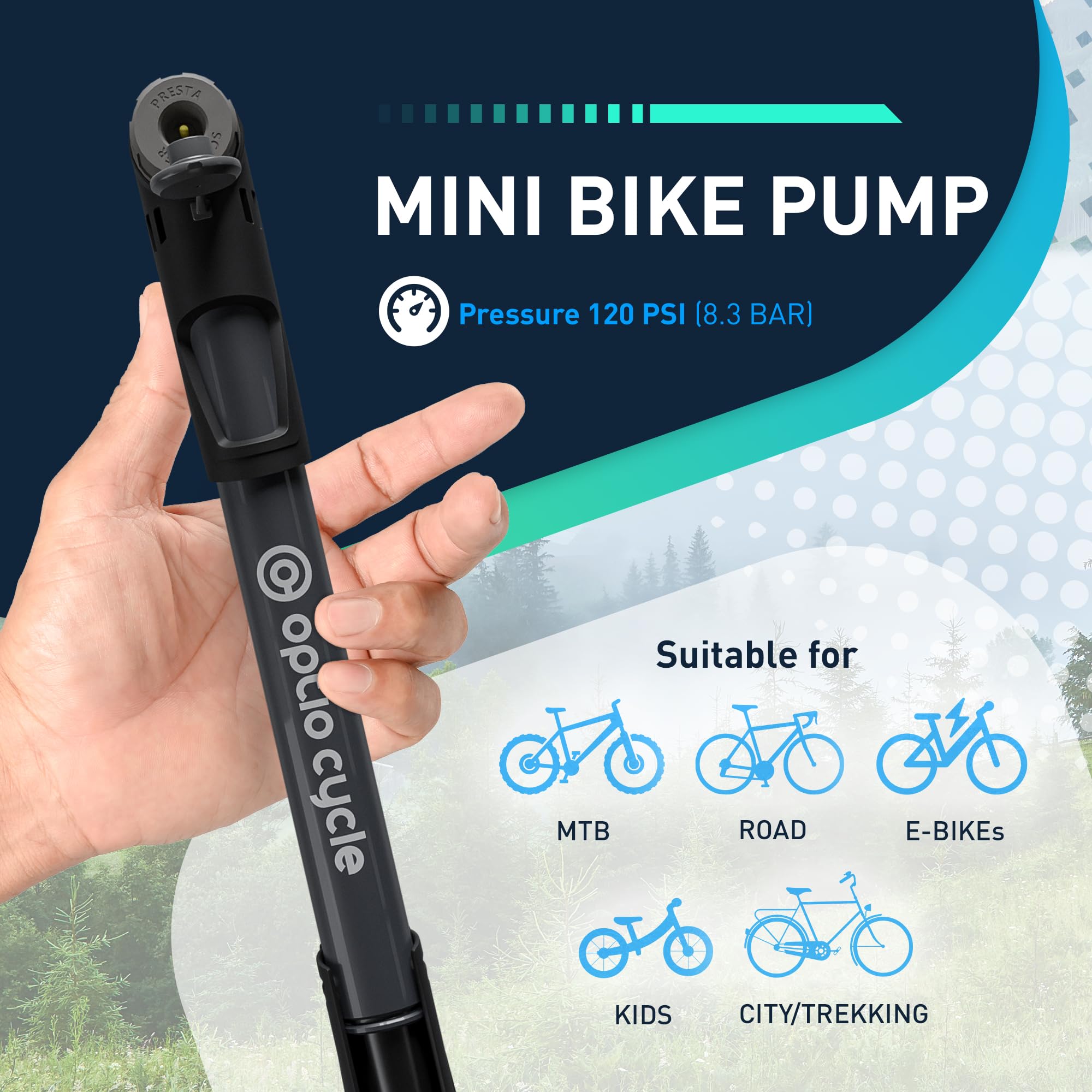 Mini Bike Pump 120 PSI / 8.3 Bar - Compact Portable Bicycle Hand Pump for Presta Schrader Valve, Grey - Image 2
