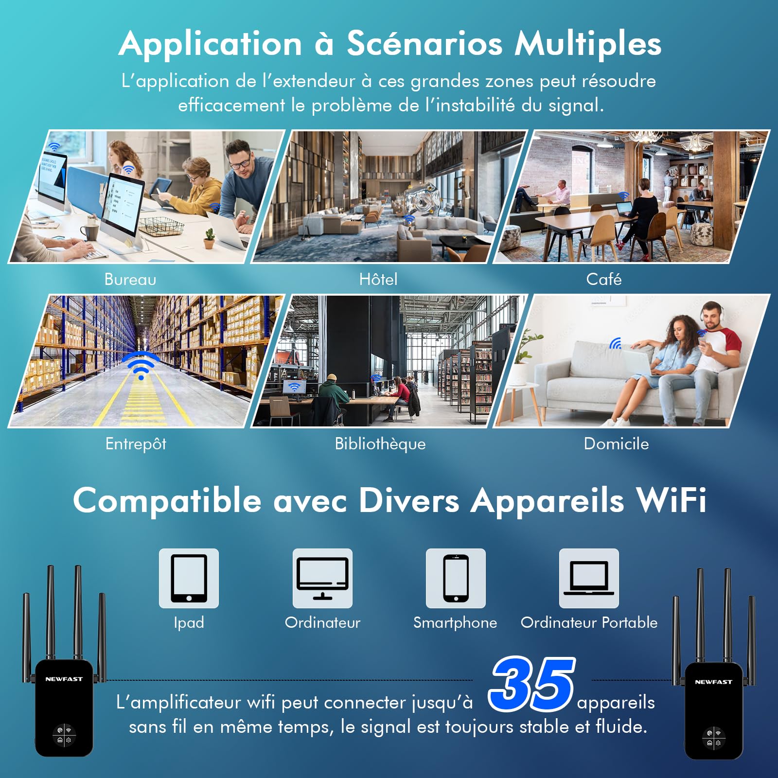 NEWFAST Répéteur WiFi AC1200 Mbps NF-RE523, Double Bande Amplificateur WiFi Puissant Couvre jusqu'à 100 m², Repetiteur WiFi Compatible avec Les Box Internet, Prise UE