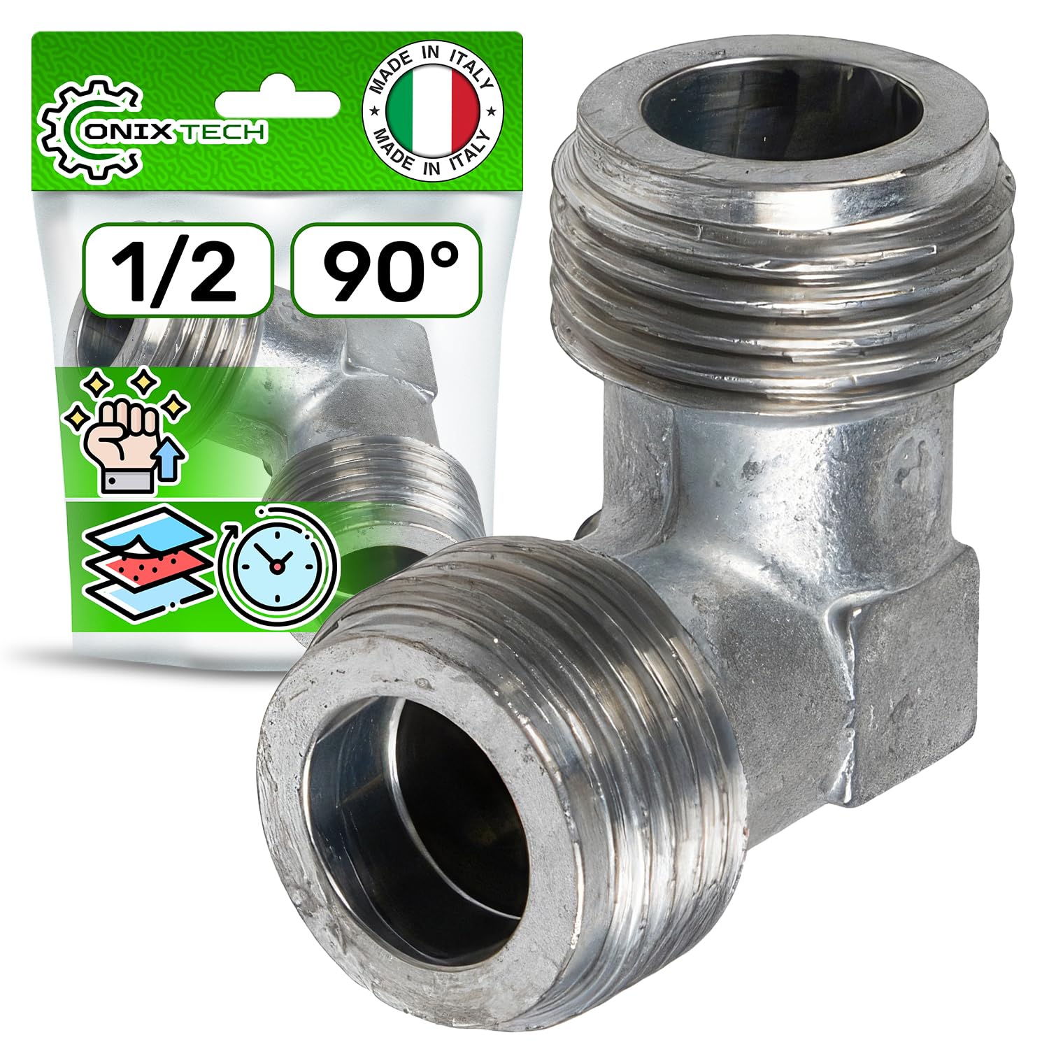 Codo de 90° Conexión Gas 1/2" Macho/Macho Tope Junta - ONIX TECH