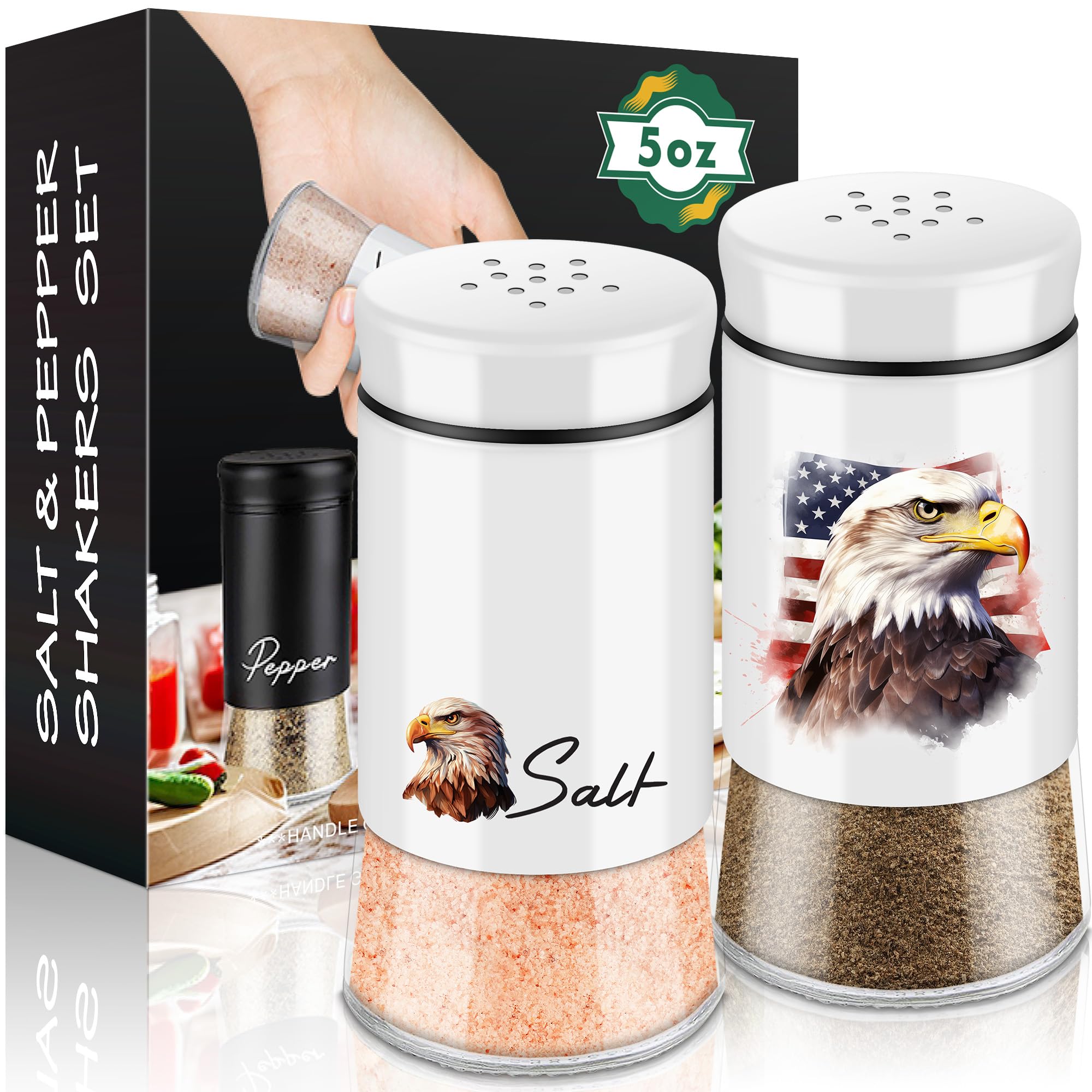 Salt and Pepper Shakers Set,5 oz Glass Bottom Salt Pepper Shaker with Stainless Steel Lid,4th of July Decorations for Kitchen Home Refillable Design