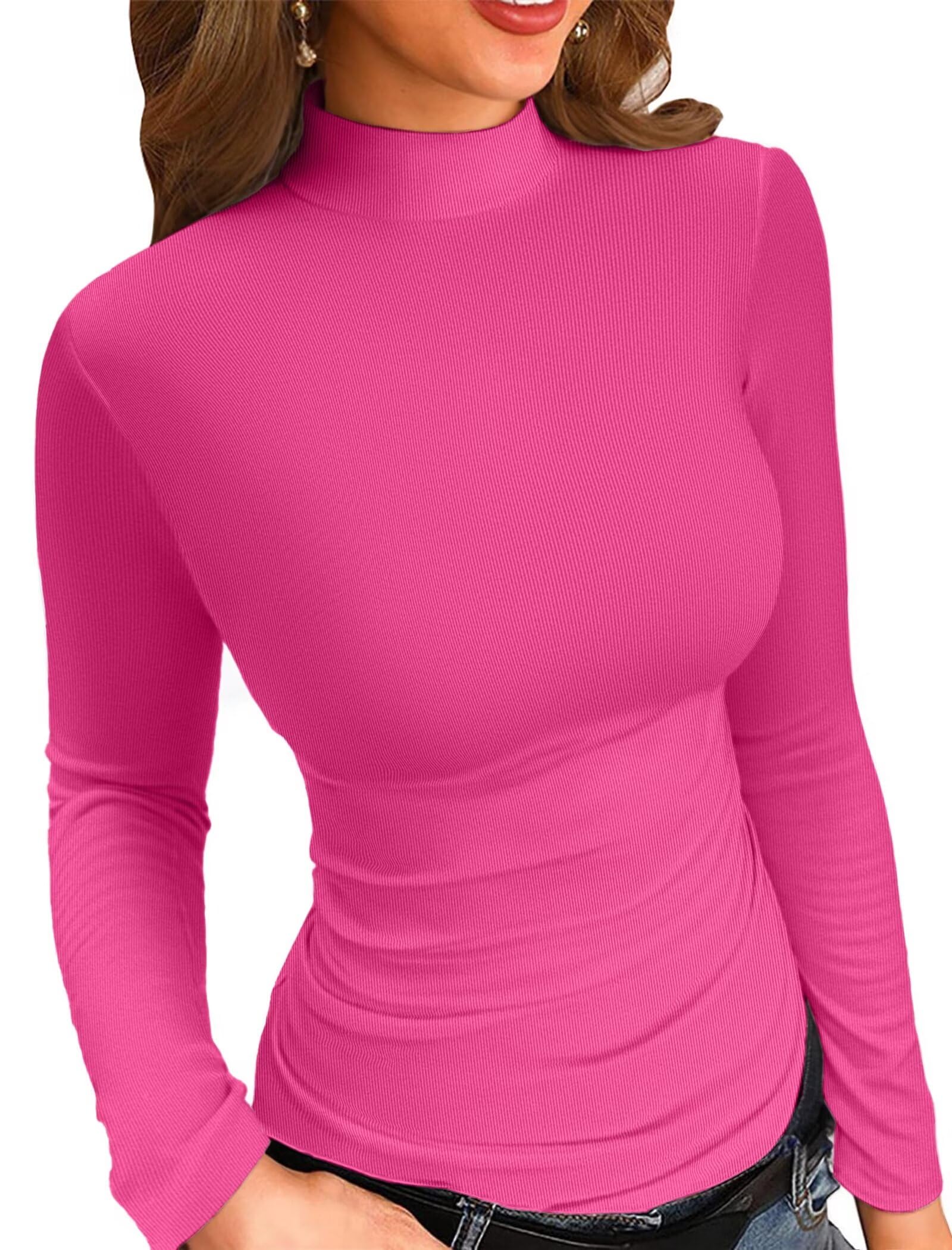 VICHYIE Womens Mock Neck Ribbed Long Sleeve Shirts Fall Slim Fitted Tops New Upgraded Large Hot Pink