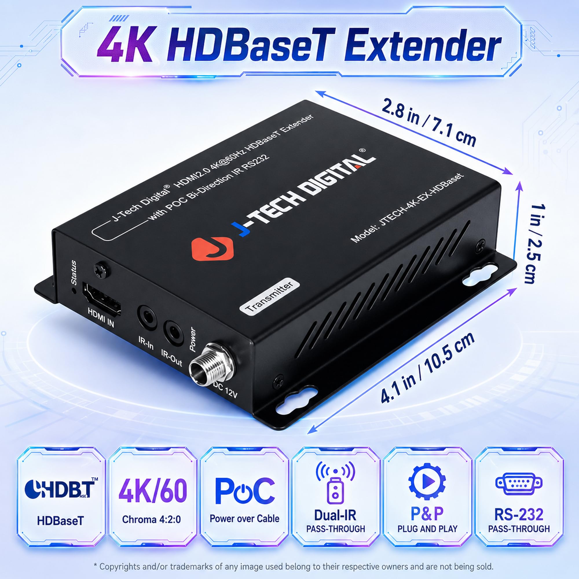 J-Tech Digital 4K HDBaseT HDMI Extender Over Cat5e/6 Ethernet up to 230ft (1080P) 130ft (4K), Supports HDCP 2.2/1.4, RS232, Bi-Directional IR and PoC — Amazon image 5