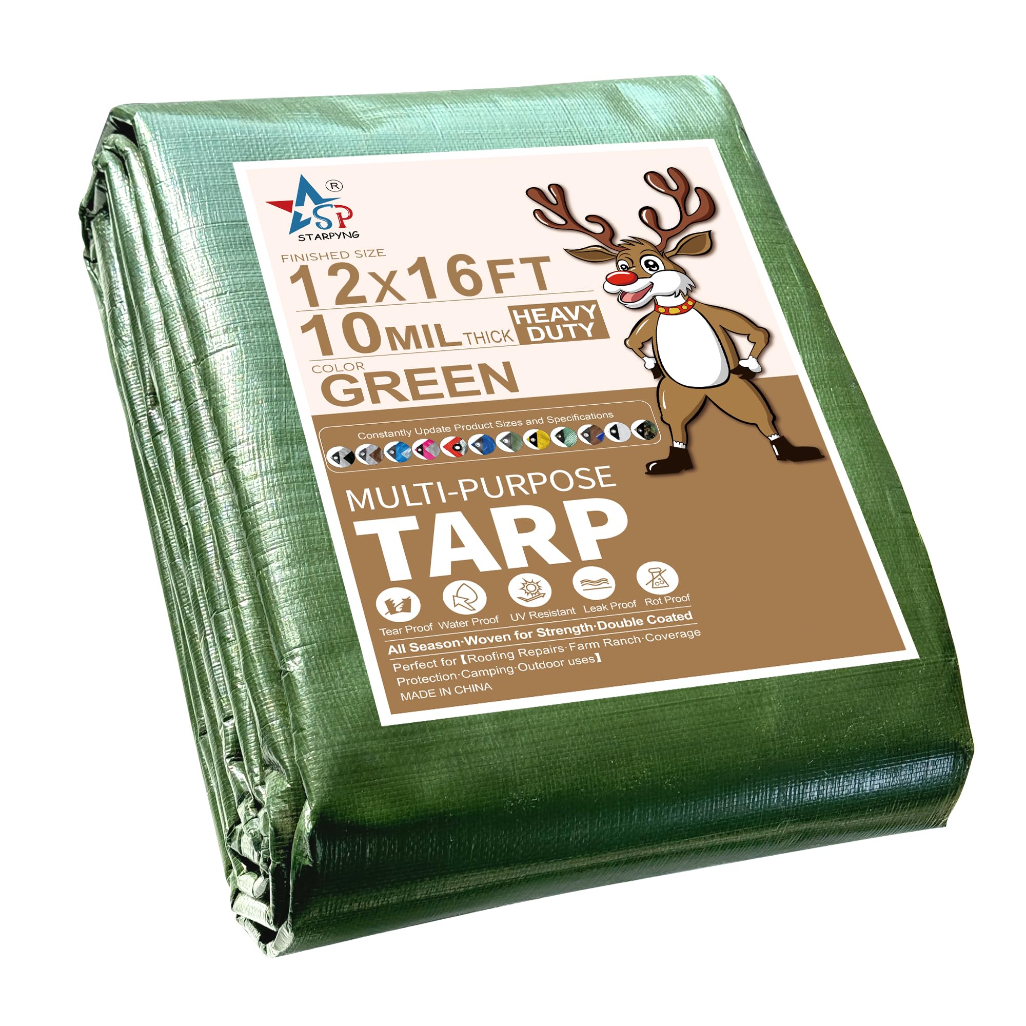 STARPYNG-10 Mil Green 12x16 Feet Tarp-Heavy Duty Poly Tarpaulin-Waterproof Tarp, UV Resistant, Durable, Weather Resistant, Cover Car, Swimming Pool, Boat