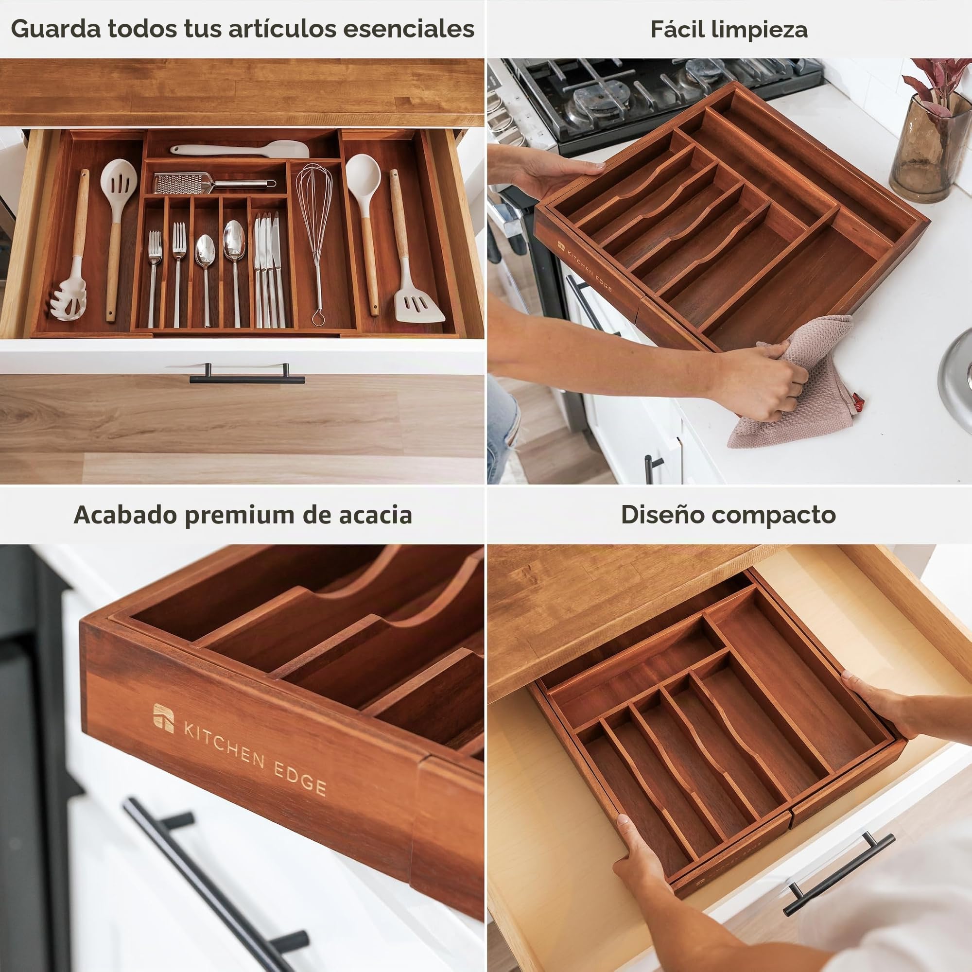 KitchenEdge Organizador de cubiertos y utensilios premium para cajones de cocina, ampliable a 71 cm de ancho, 10 compartimentos, 100% acacia