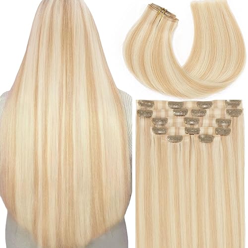 Miniatura 7 de Lacer Extensiones de cabello rubio con clip, sin costuras, 20 pulgadas, 7 piezas de 4.33 oz, #60A, extensiones de cabello rubio platinado con clip,