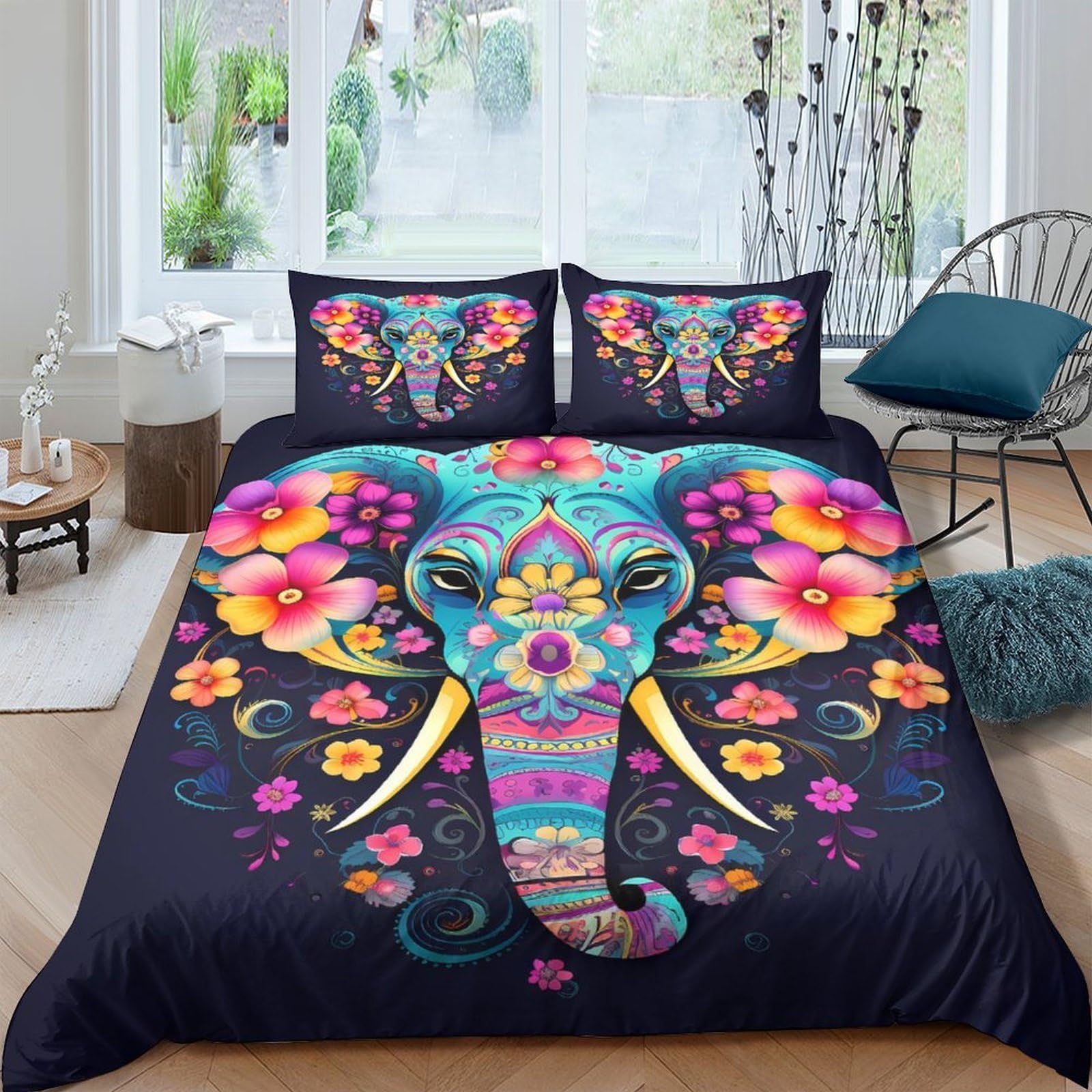 P5V6M1Q9 3D Printed Colorful Elephant Duvet Cover Microfiber Soft Floral Mandala Bedding Set with 2 Pillowcases for Bedroom Decor Single（135x200cm）
