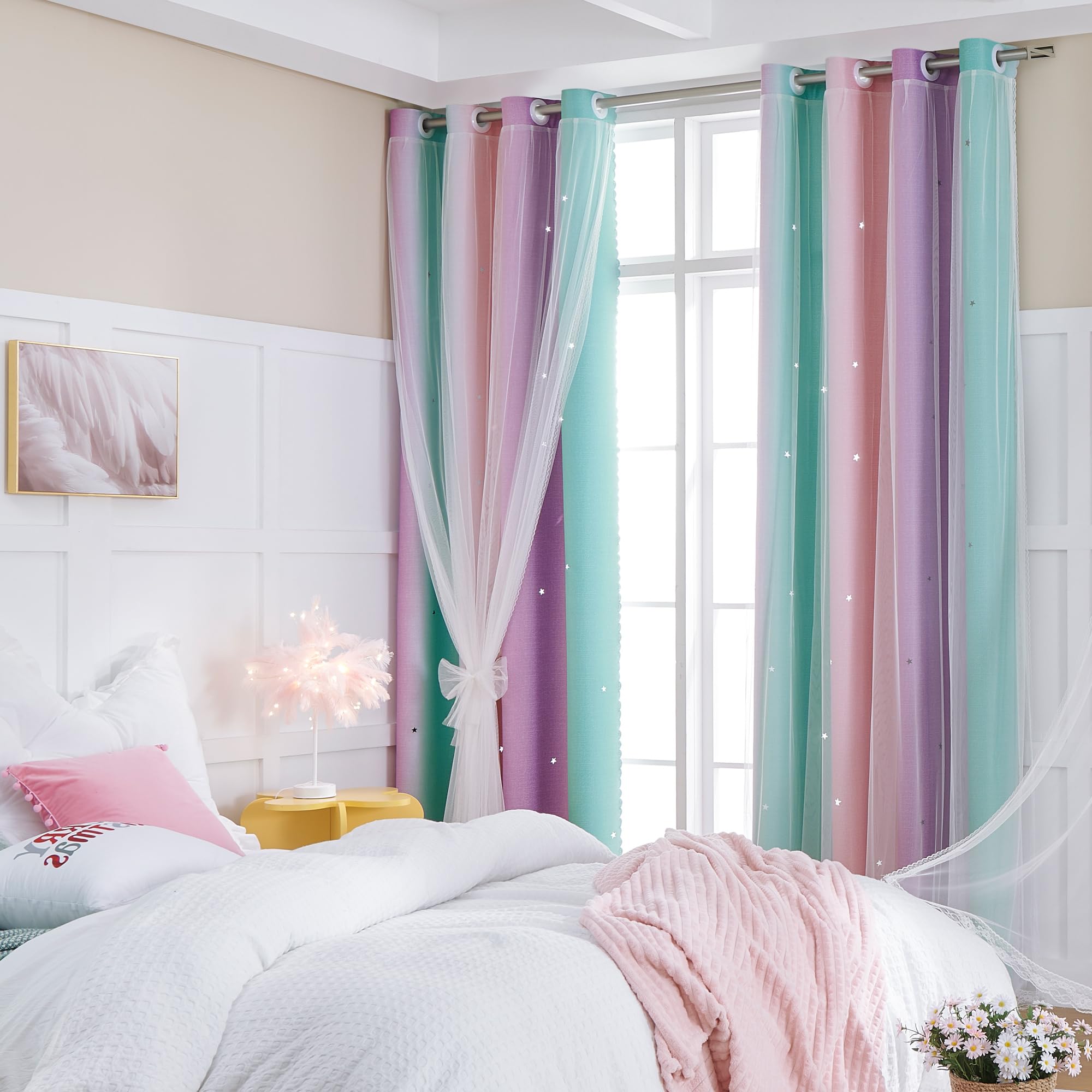 XiDi Curtains for Bedroom Decor, Rainbow Pink Purple Green 34/54/1