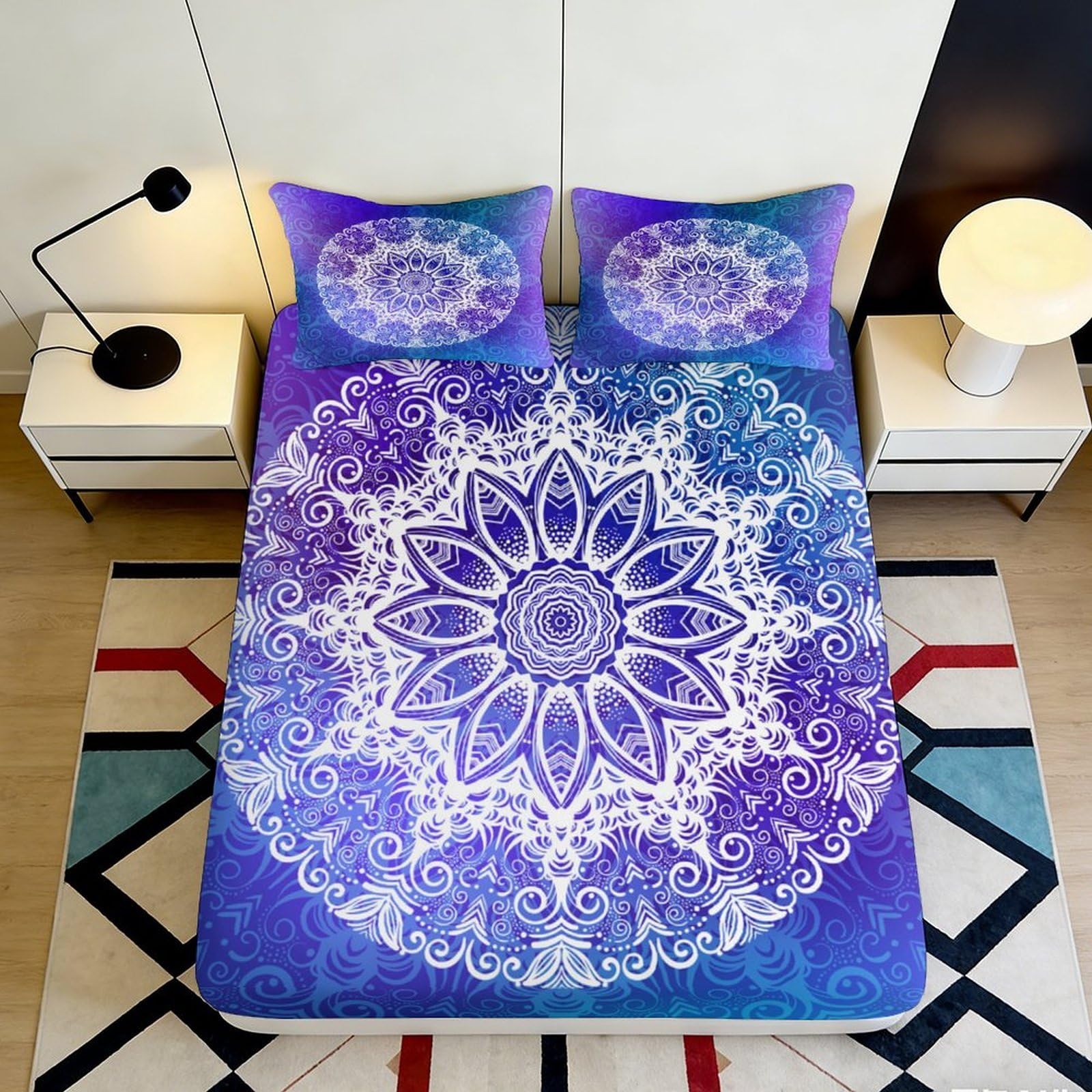 3D Printed Mandala Blue Fitted Sheet Microfiber Soft Anti-Slip Boho Lotus Mattress Cover for Bedroom Guest Room 90x200x25cm
