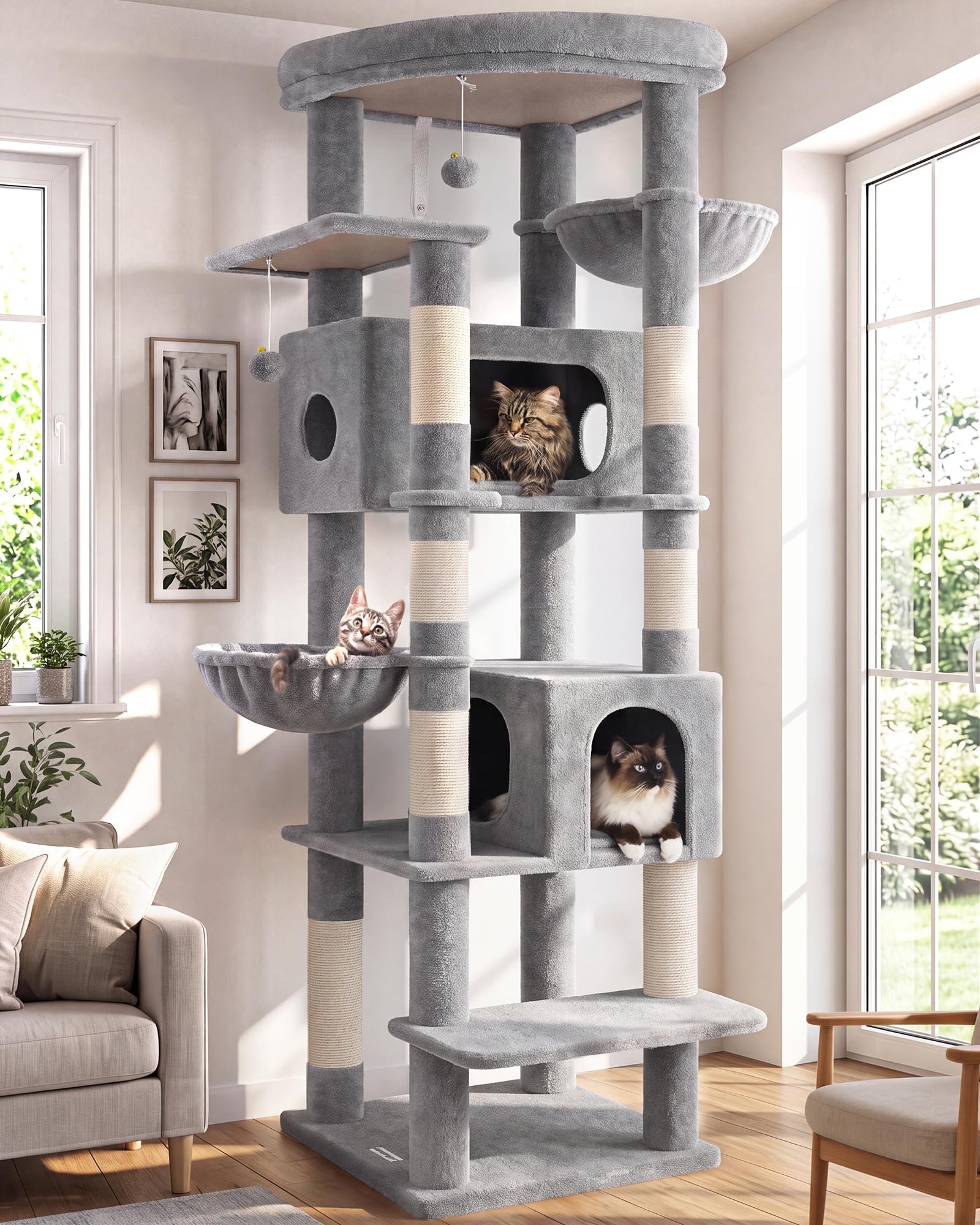 Globlazer Tiragraffi Grandi Alto 188 cm con 2 Grotta, 2 Cesto, Piattaforma Imbottiti, Antiribaltamento Albero Tiragraffi per Gatti Adulti Morbido Peluche Facile da Pulire (S74, Grigio Chiaro)