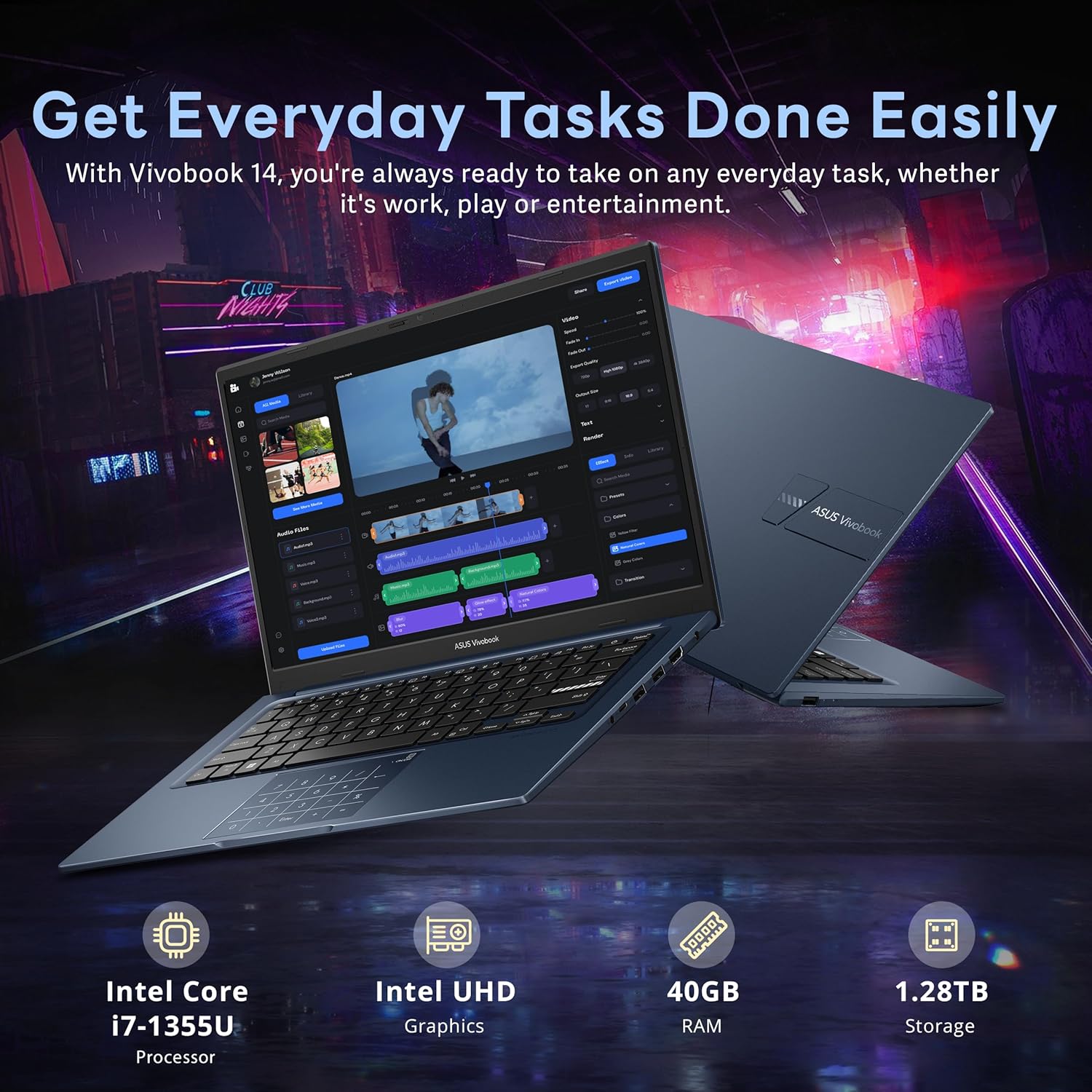 ASUS Vivobook 14" FHD Business Laptop, Intel i7-1355U, 40GB RAM, 1.28TB Storage(1TB SSD+288GB Docking Station Set), Intel UHD Graphics, Number Pad, Wi-Fi 5, 720p HD Camera, Win 11, Quiet Blue 40GB | 1.28TB Storage image 3 of 9 B0FD9K8BJL