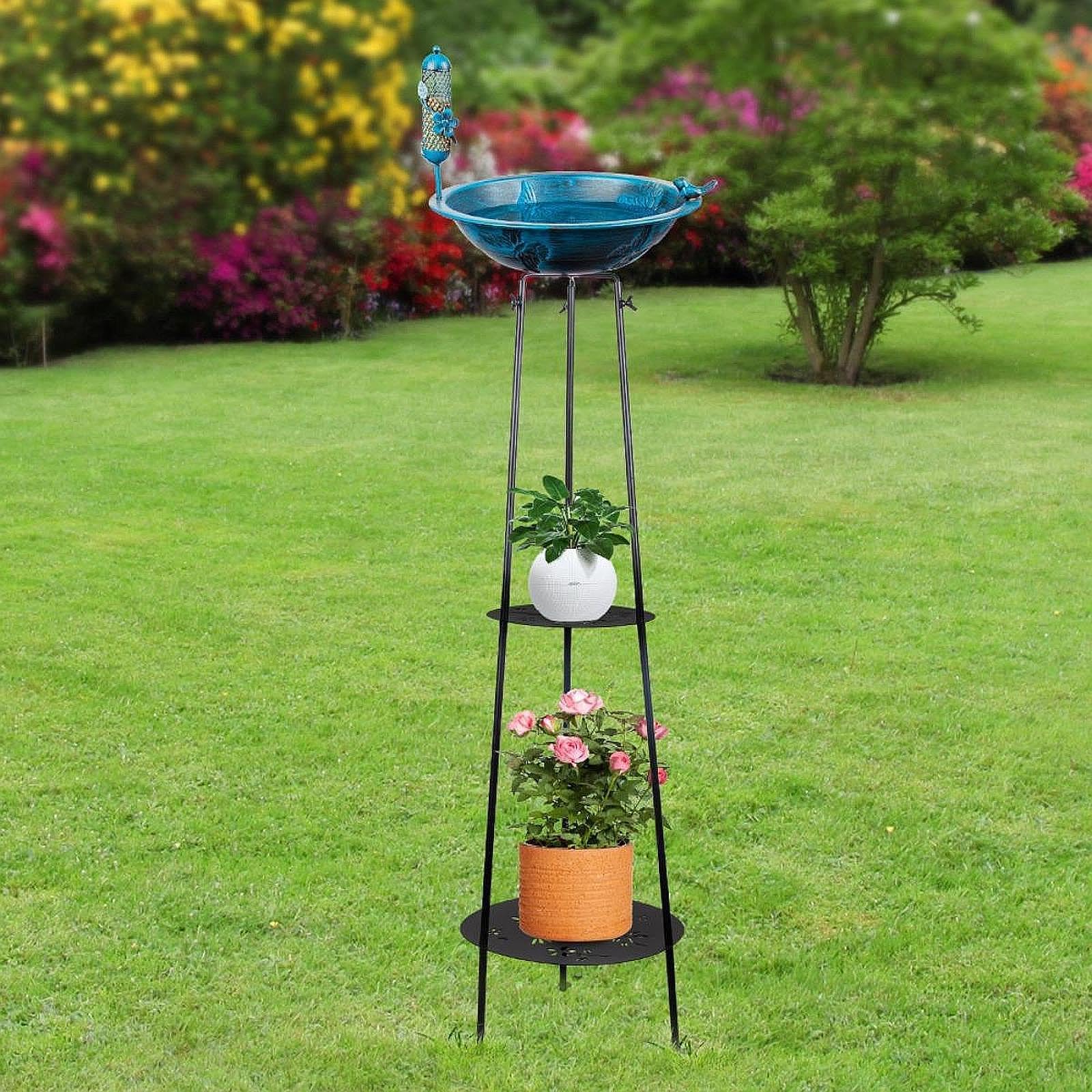 Supporto per Piante da Giardino con Mangiatoia per Uccelli per Patio Esterno in Metallo Resistente
