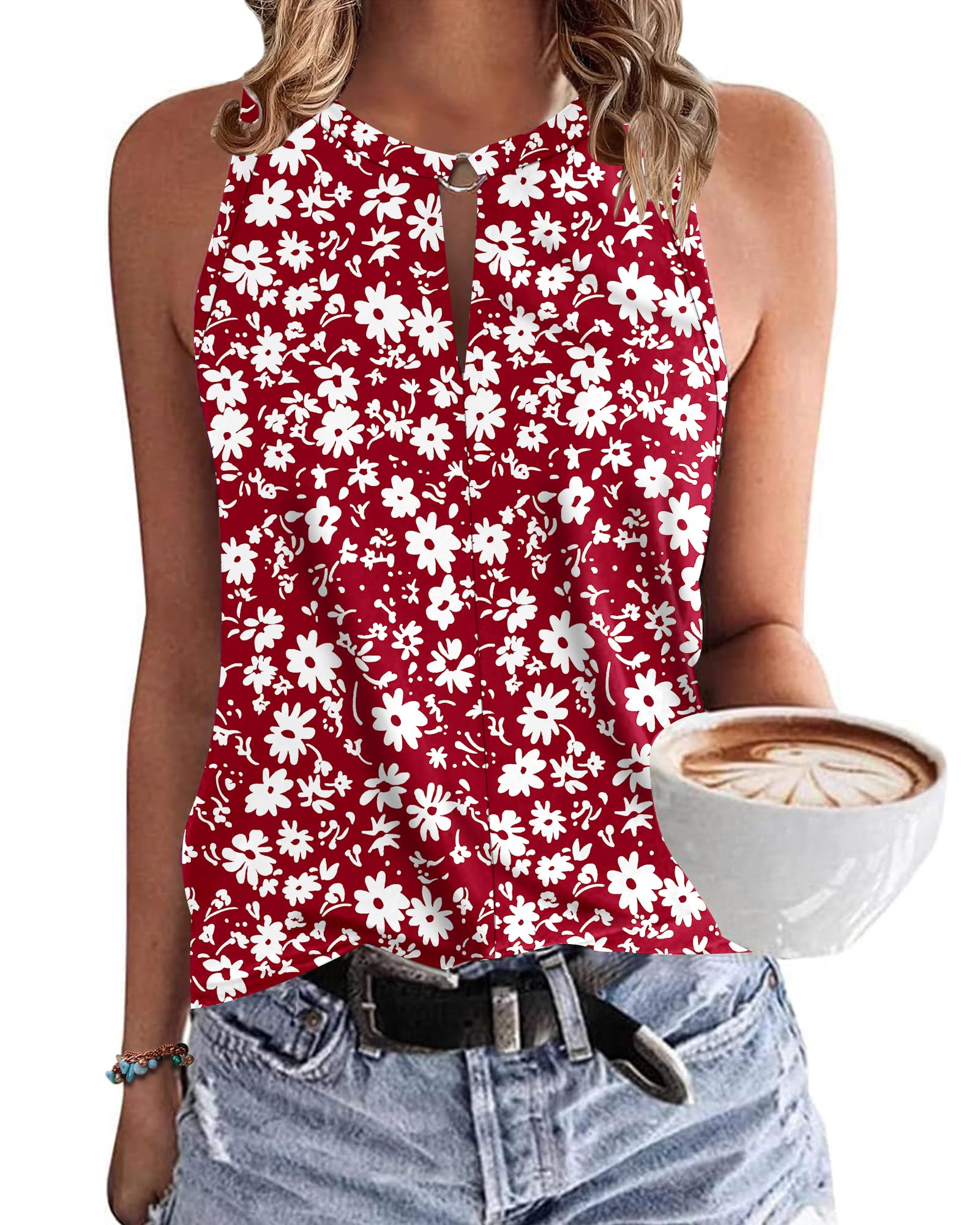 WNEEDU Women's Tank Top Summer Sleeveless Tops V-Neck Sexy Tank Tops Casual Beach Shirts Blouse Top