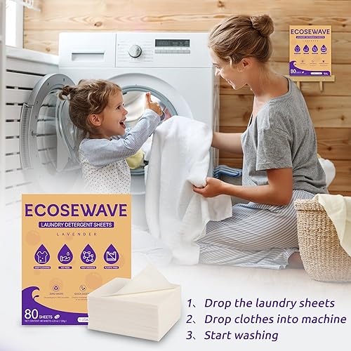 Miniatura 7 de Hojas de detergente para ropa, 80 hojas, aroma a lavanda, tiras hipoalergénicas y ecológicas, perfectas para viajes, campamento, apartamentos,