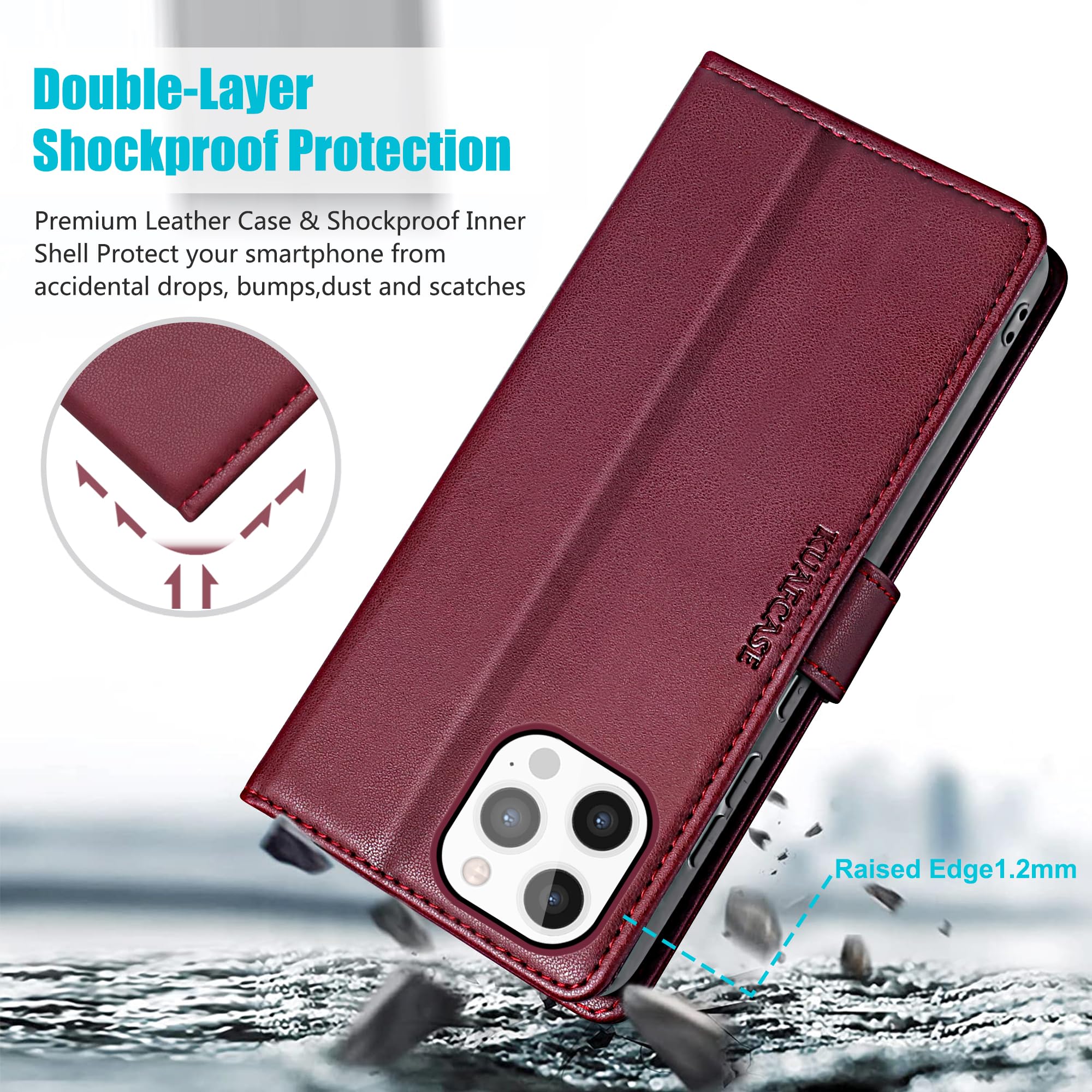 Kuafcase Compatible for iPhone 13 Pro Case with 4 Card Slots Magnetic Closure Kickstand Shockproof Protective Phone Case Compatible for iPhone 13 Pro - Image 3