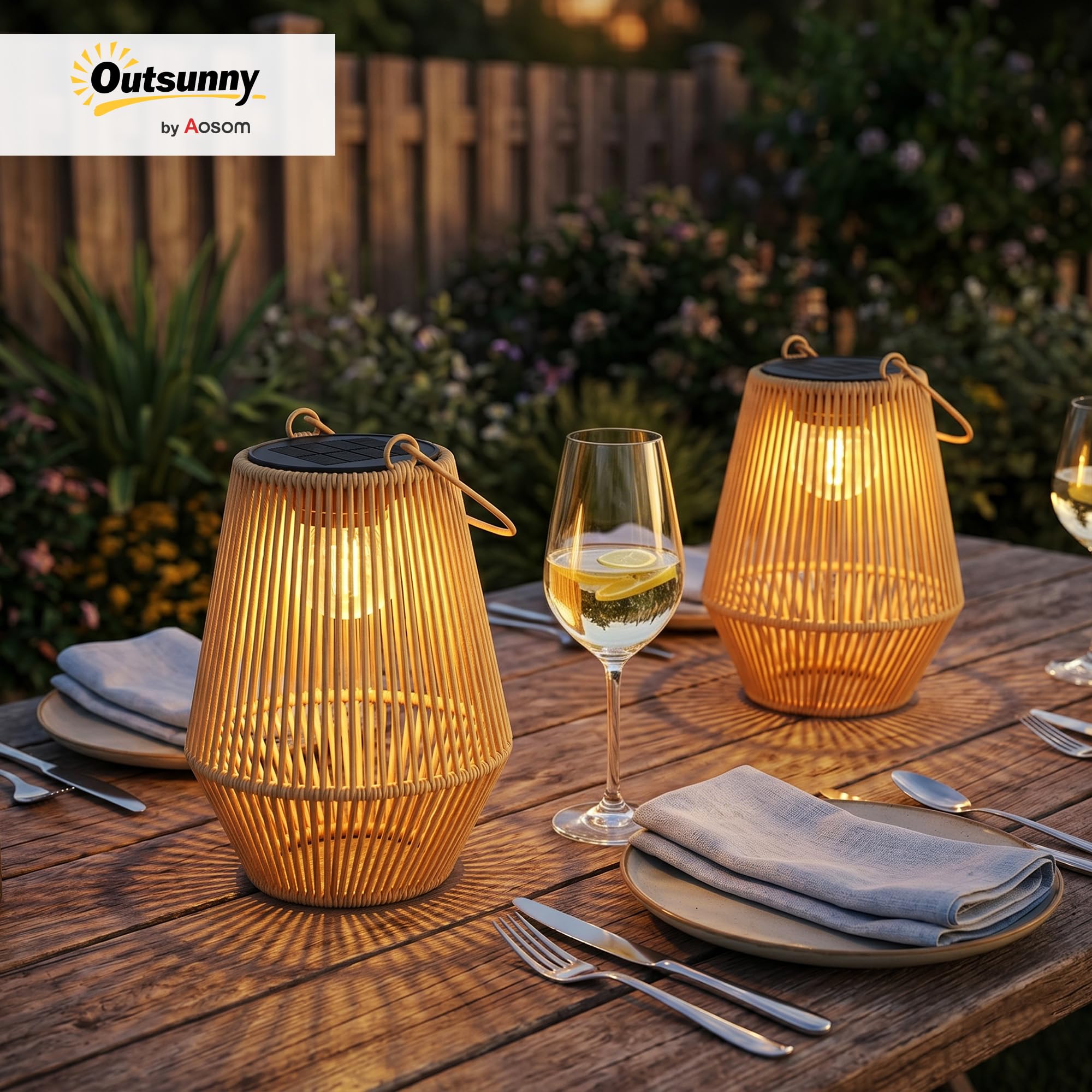 Outsunny Set de 2 Farolillos Solares Exterior, Linternas de Jardín de Ratán Colgantes con Encendido y Apagado Automático, IP44, Asa, Lámparas para Terraza, Balcón, Patio, 16x16x21 cm, Marrón