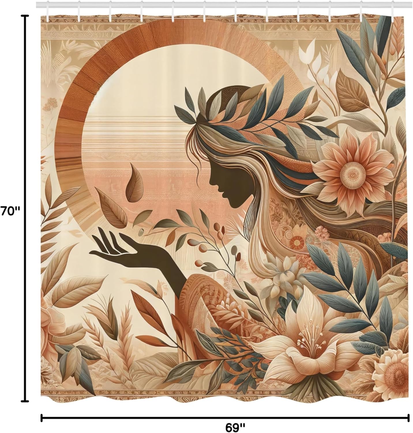 Ambesonne Boho Shower Curtain, Peachy Hues with Lady Nature Botanical Ornaments Soft Terracotta Colors, Cloth Fabric Bathroom Decor Set with Hooks, 69" W x 70" L, Slate Blue and Pale Rust