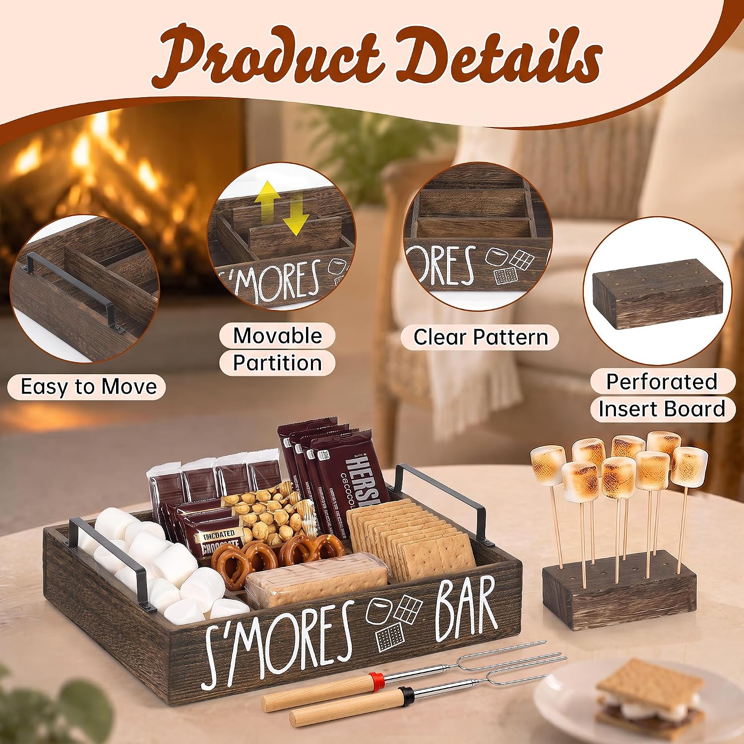 Wooden S'mores Bar Station, Smores Caddy Holder with Handles for Counter