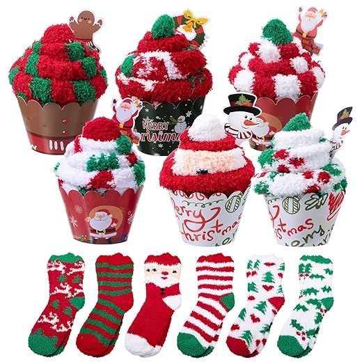 Jeyiour 6 Pairs Fuzzy Socks for Women Cupcake Socks DIY Gift Thick Cozy Bed Socks Soft Fluffy Socks Winter Warm Slipper Socks with Gift Boxes
