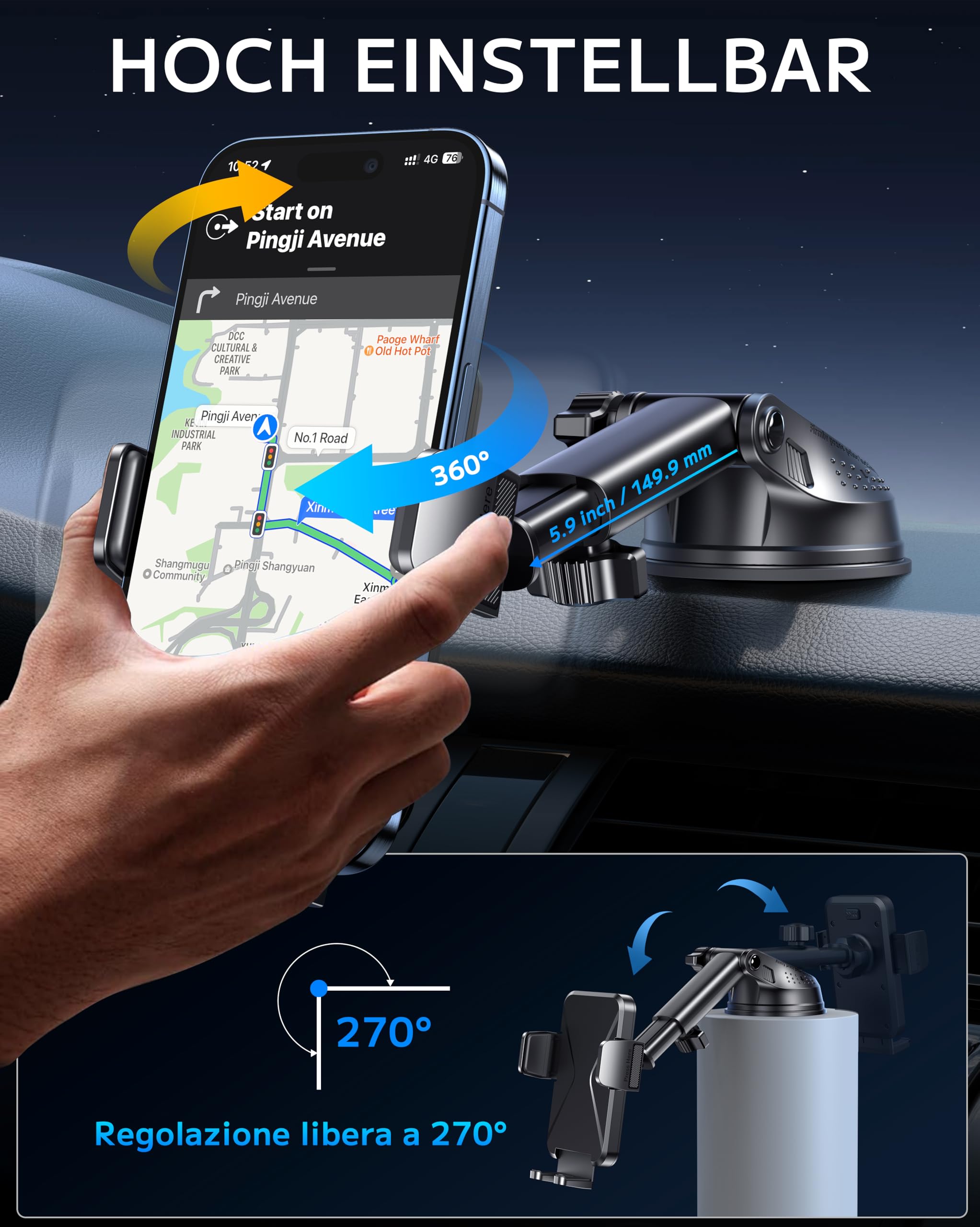 BIPOPIBO Porta Cellulare Auto, [Super potenza di aspirazione] Portacellulare Per Auto Cruscotto Supporto Telefono Auto 360°di Rotazione Braccio Estensibile Porta Telefono Auto per Smartphones