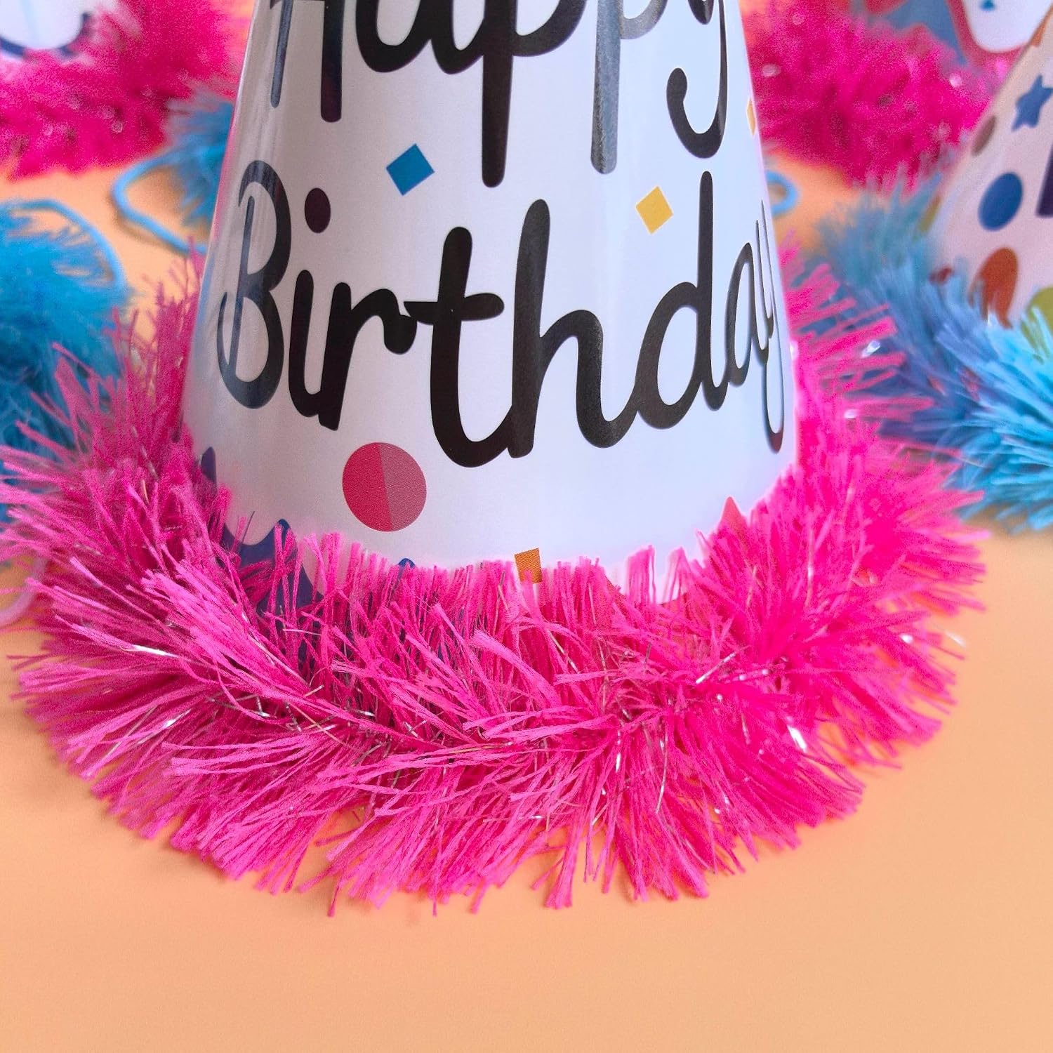 Happy Birthday Cone Hats with Tassels Pom Poms, Polka Dots, 5x7.5 Inch, Elastic Chin Strap for Party Supplies