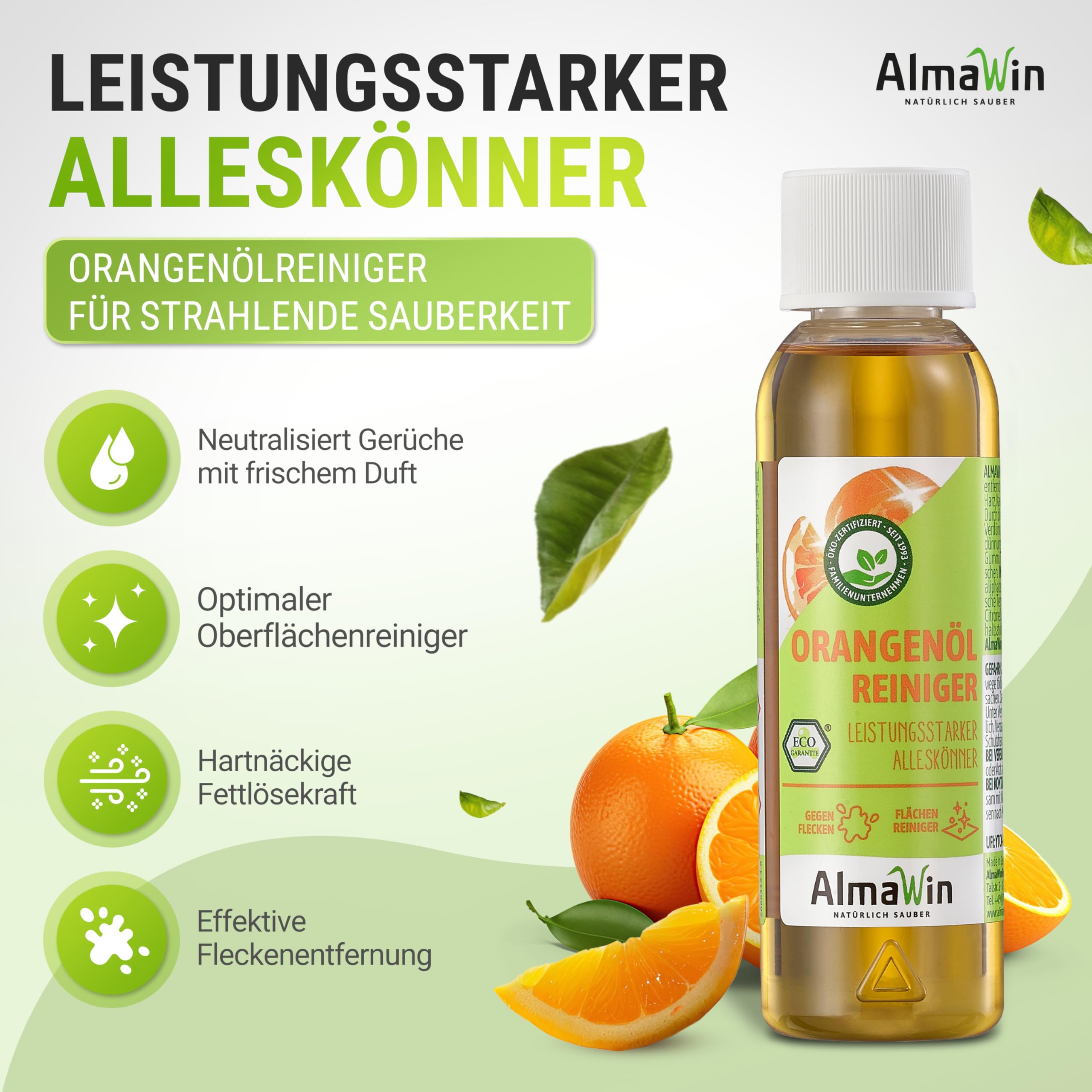 AlmaWin® Orangenölreiniger ÖKO [15x 125ml] ideal als starker Allesreiniger & Fettlöser - Veganes Orangenreiniger Konzentrat mit fruchtigem Duft - Besonders ergiebiger Orangenöl Reiniger