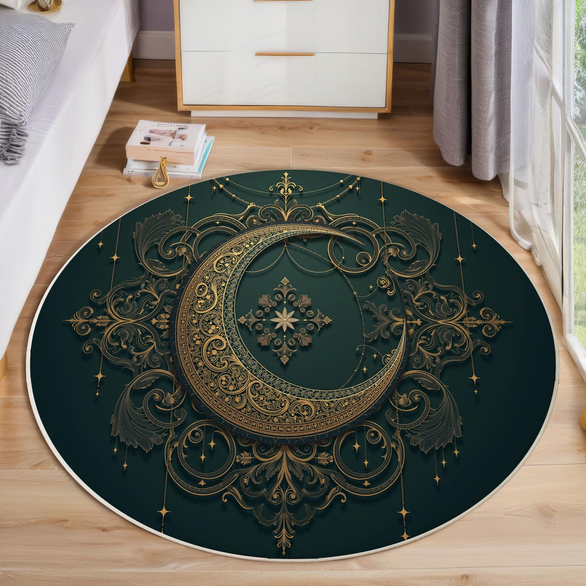 Tapis de Salon Rond, Motif Art Décoratif En Filigrane De Croissant De Lune Tapis Antidérapant Doux Moelleux pour Décoration Salle à Manger Canapé ou Chambre d'enfant (Vert foncé, Diamètre 200cm )