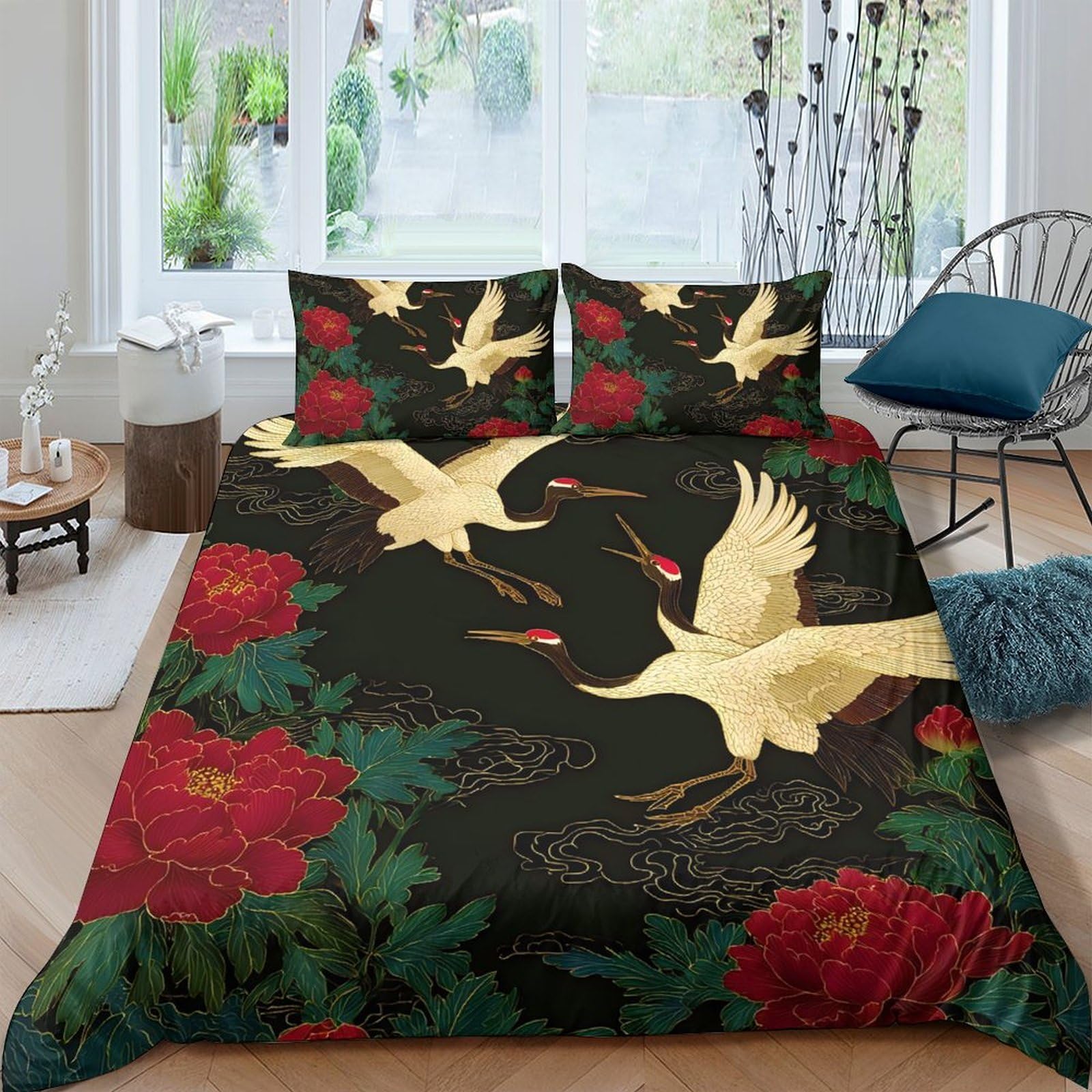Ctjqhvkz Style-2 3D Printed Japanese Crane Fitted Sheet Microfiber Red Peony Bed Cover Anti-Slip Washable For Bedroom Dorm Decor Single（135X200cm）