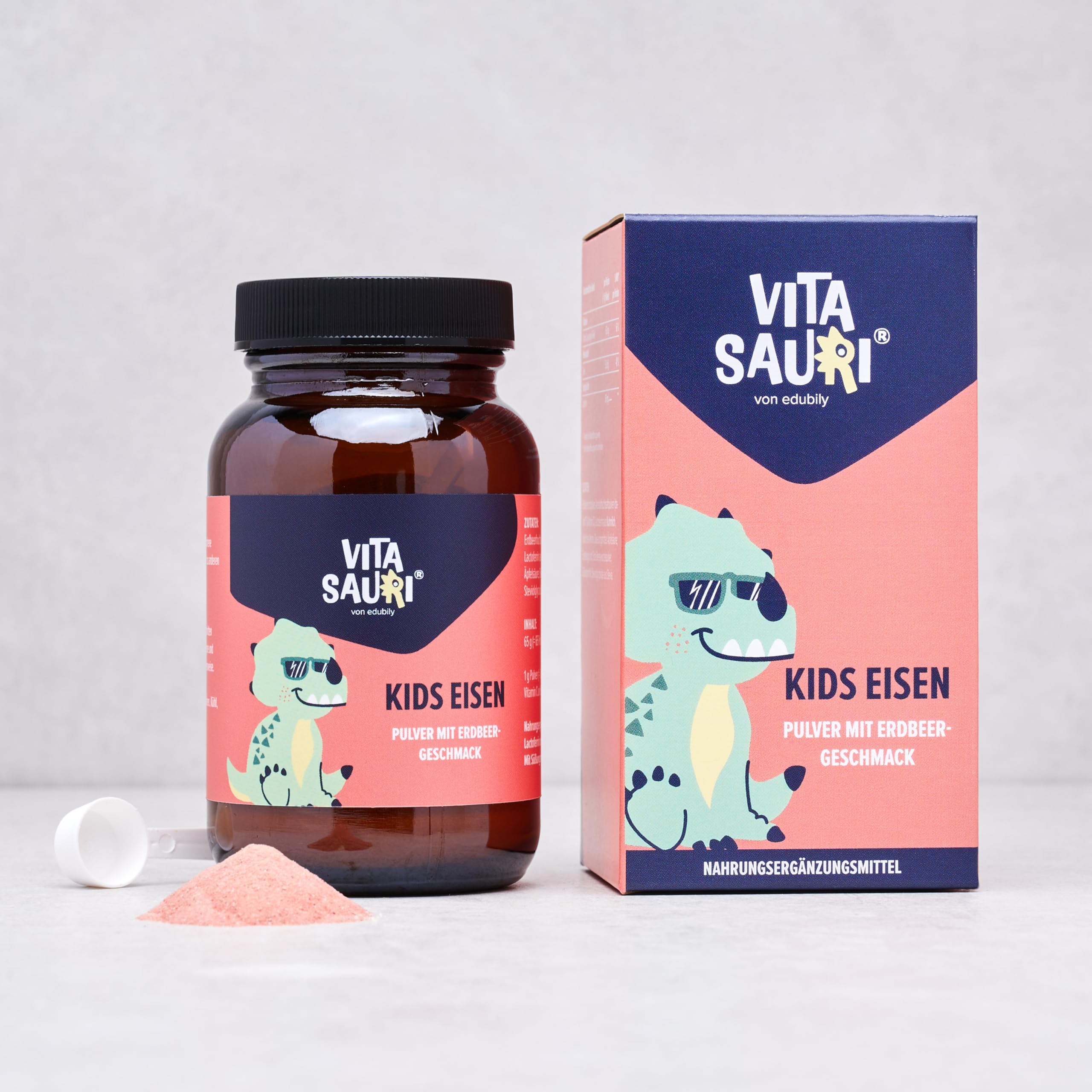 Vitasauri Kids Eisen - Eisenpulver für Kinder mit Lactoferrin & Vitamin C aus Acerolaextrakt - Leckerer Erdbeer-Geschmack - Vegetarisch - Ohne Zucker (65 g)