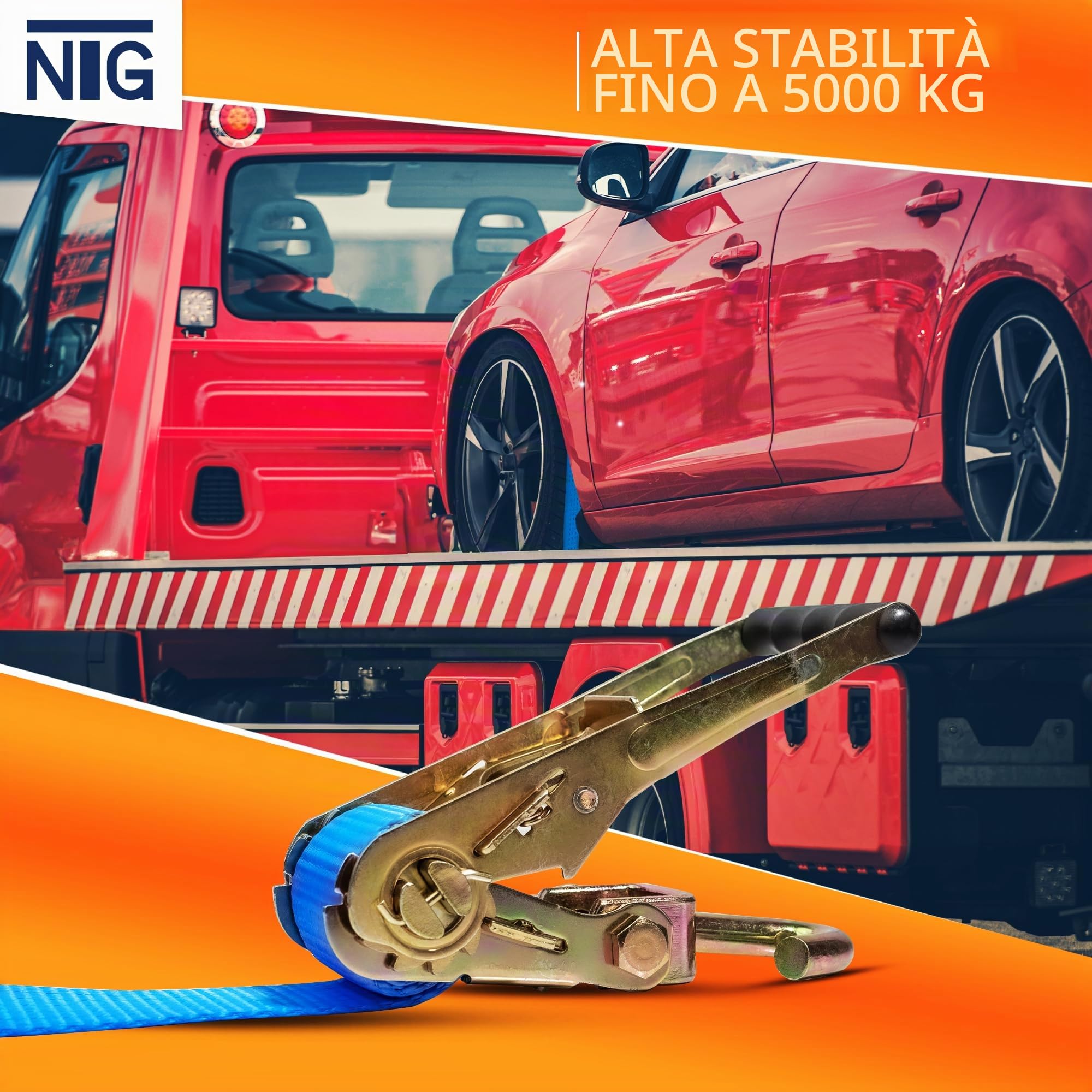 NTG Set da 4 cinghie di fissaggio per auto 2500 mm di lunghezza fino a 5000 kg con tubo antiscivolo e gancio | Fissaggio ruote | Cinghia | Auto | Cinghie per pneumatici