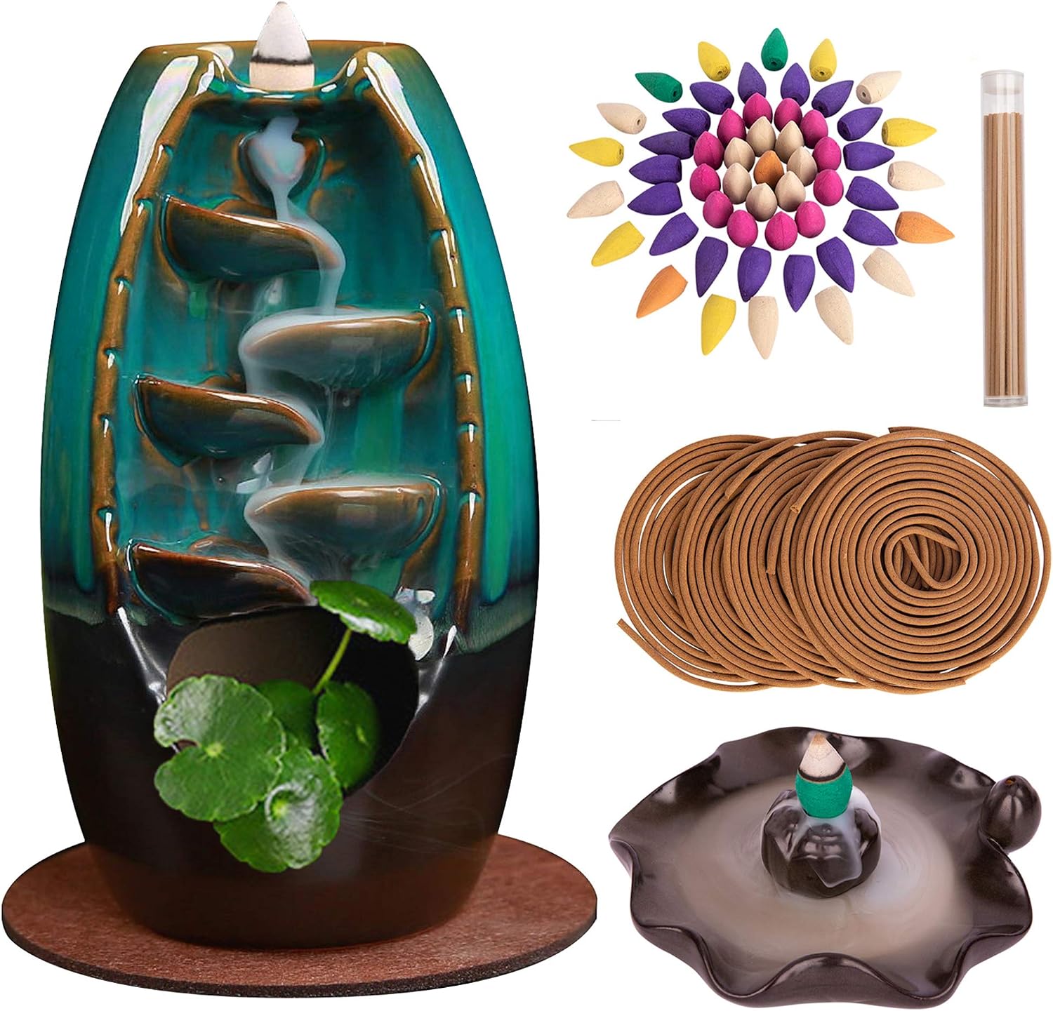 AOBBIY Ceramic Backflow Incense Holder - Aromatherapy & Home Decor, Portable Burner, Includes 120 Backflow Incense Cones & 30 Incense Sticks.