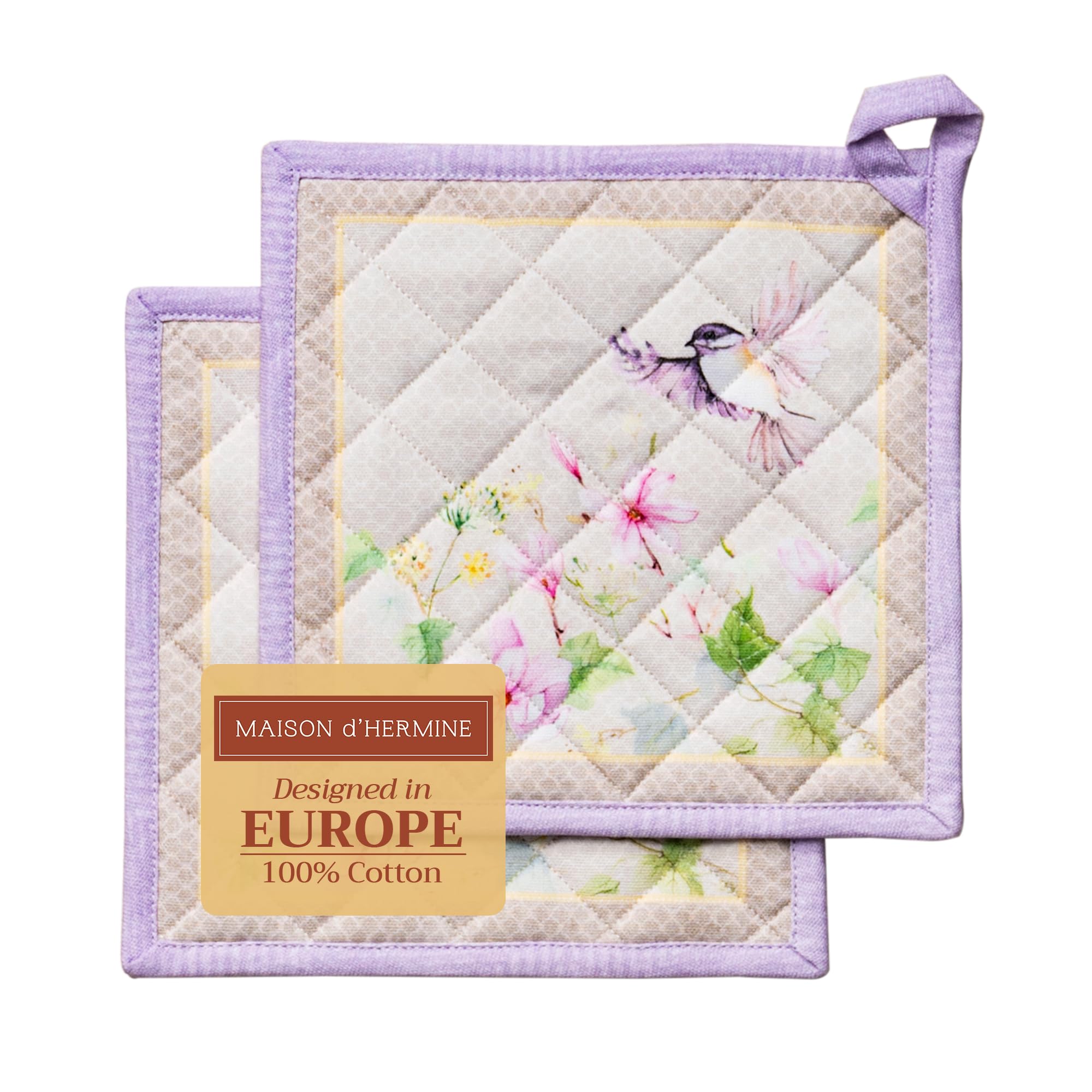 Maison D' Hermine 056 - Magnolia Mornings Pot Holders Set 100% Cotton Heat Resistant Potholders 20 Cm X 20 Cm Hot Pads With Loop For Cooking Baking Handling Hot Pans Spring Summer (Pack Of 2, Magnolia Mornings)
