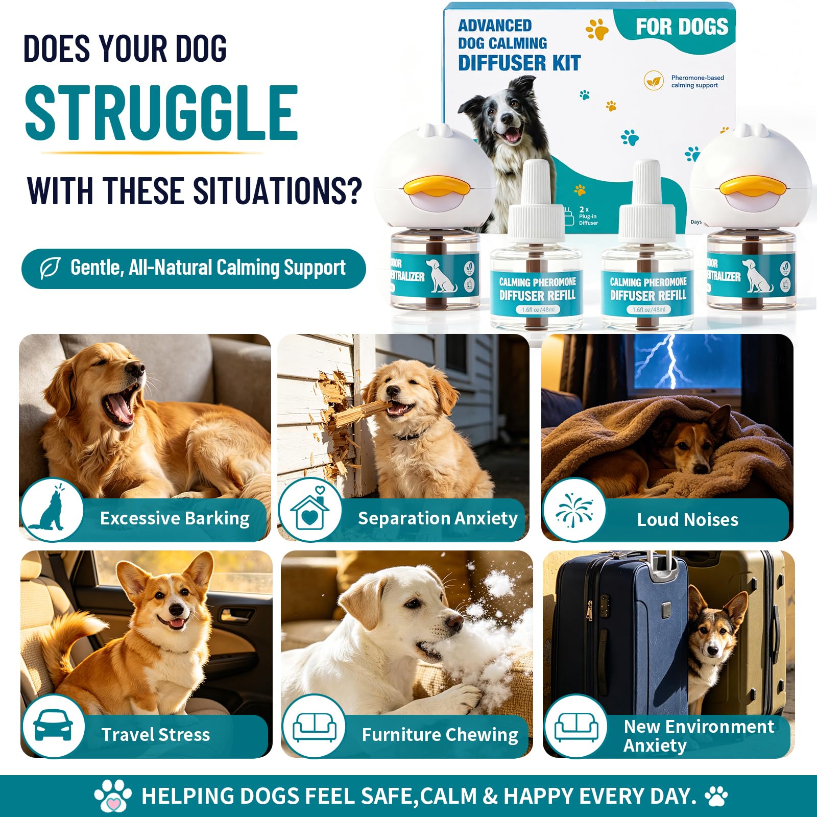 Upgraded Dog Calming Diffuser with 2 Plug-in + 4 Refill, Dog Calming Pheromones Diffuser Starter Kit for Anxiety Relief, Reduce Barking Aggression Stress