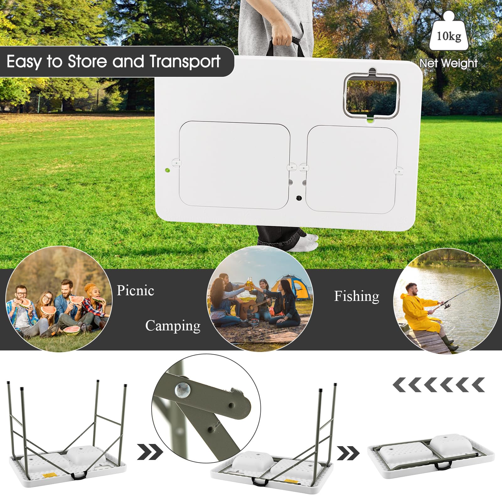 KOMFOTTEU Opvouwbare campingtafel 102 x 66 cm met draaibare kraan en 2 wastafels, visreinigingsstation met meetschaal en vuilnisemmer