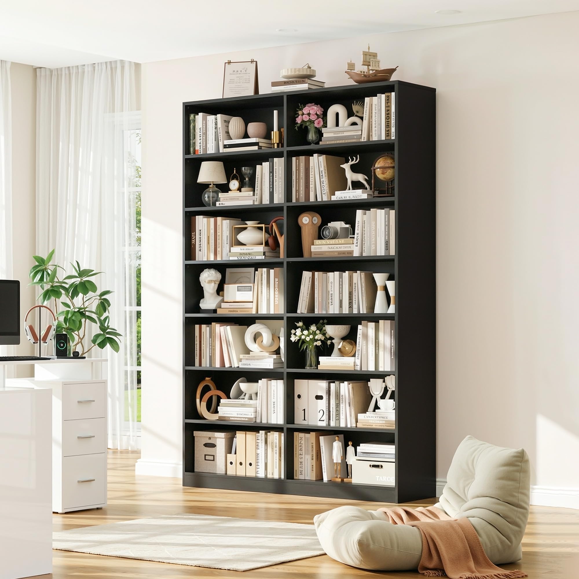 FirFurd Regał na książki, wysokość 212,5 cm, z 14 półkami, regał stojący, do przechowywania, do salonu, gabinetu, kuchni, 120 x 30 x 212,5 cm, czarny