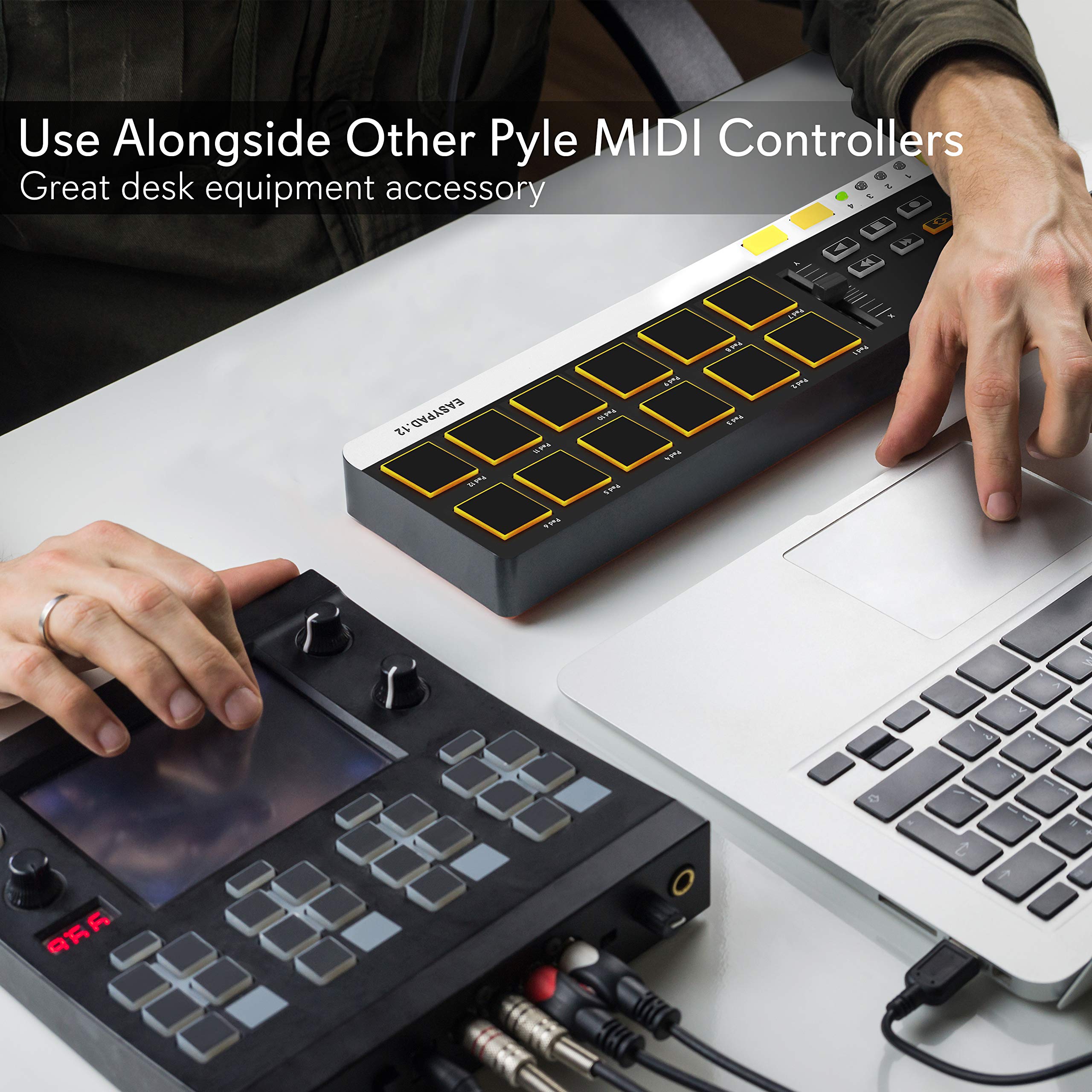 USB MIDI Controller Drum Pad - Mini Portable Beat Maker Workstation Equipment w/ 12 Drum Pads, DJ Fader Slider & Transport Buttons - Control any DAW Software Kit for Laptop Recording - Pyle PMIDIPD20 - Image 3