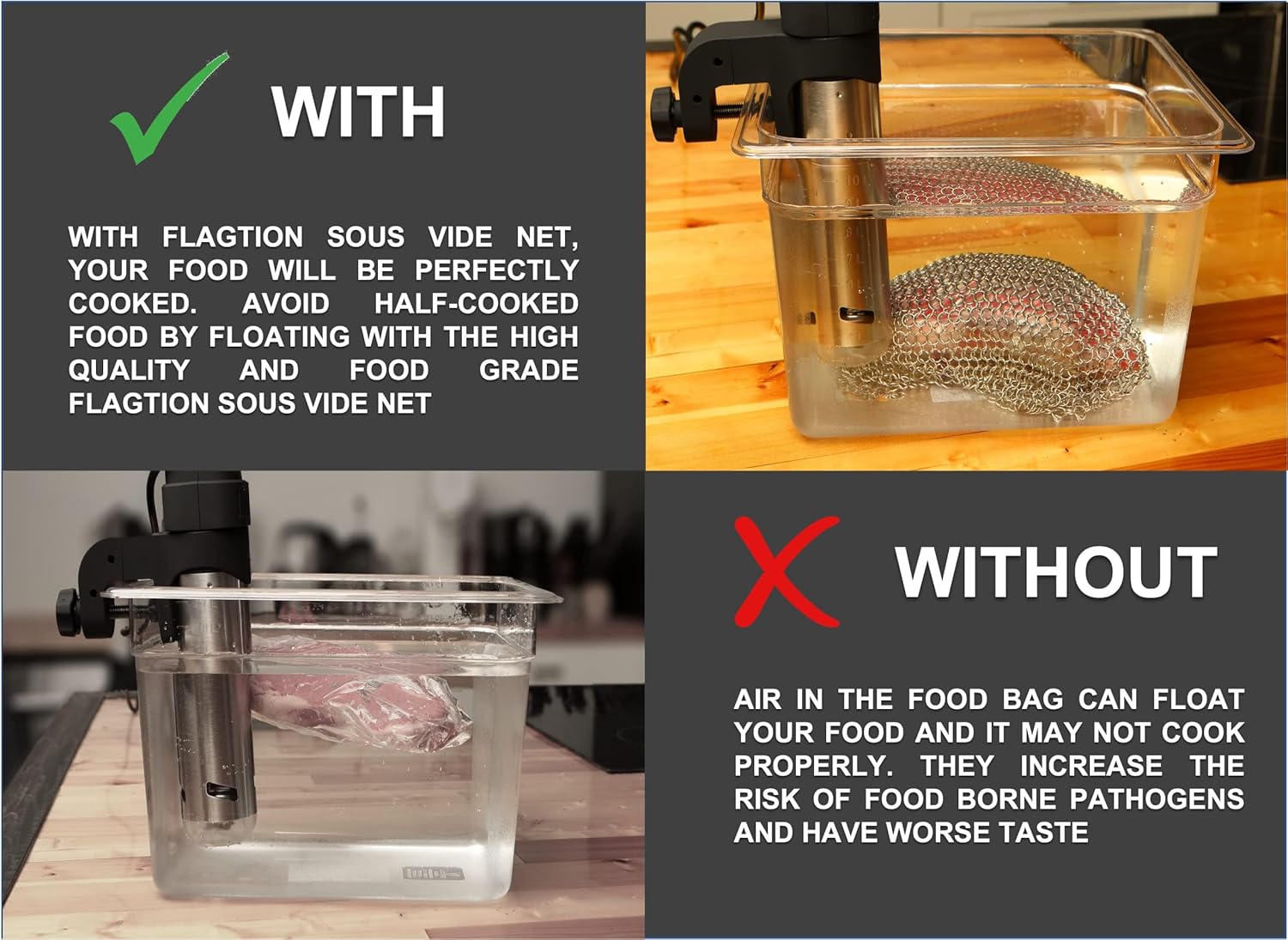 Sous Vide Accessory Set - Includes 1lb Food Grade Stainless Steel Sous Vide Mesh Net & 5 Silicone Coated Magnets (Total Weight: 1.5lbs), Sous Vide Accessory Kit to Avoid Undercooked Food