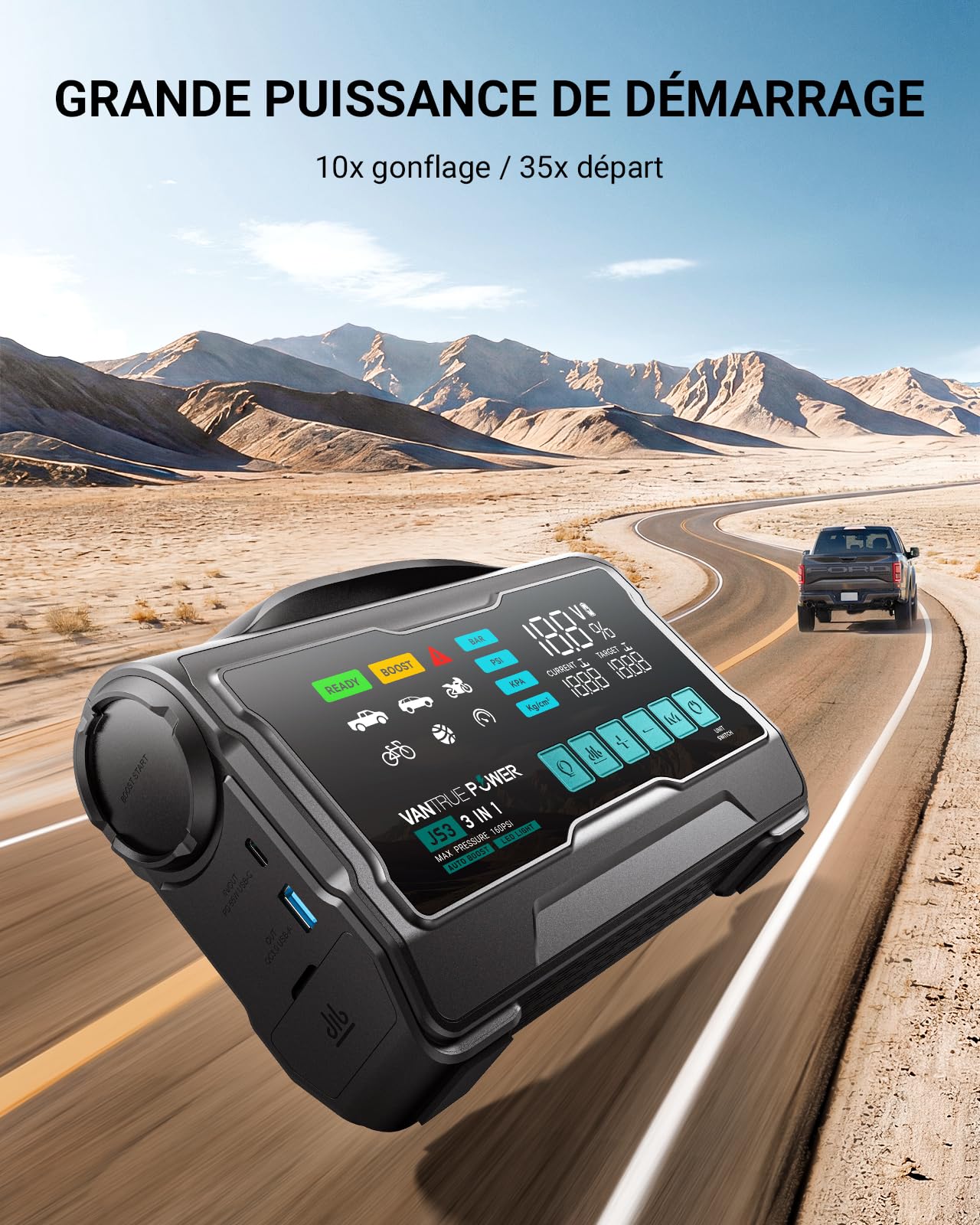 JS3 3250A Réels Booster Batterie Voiture avec Gonfleur 160PSI, 12V Démarreur Portable avec 9" Grand Écran, Charge Rapide 65W Power Bank, 400 Lumens LED, pour Essence 10L/ Diesel 8L
