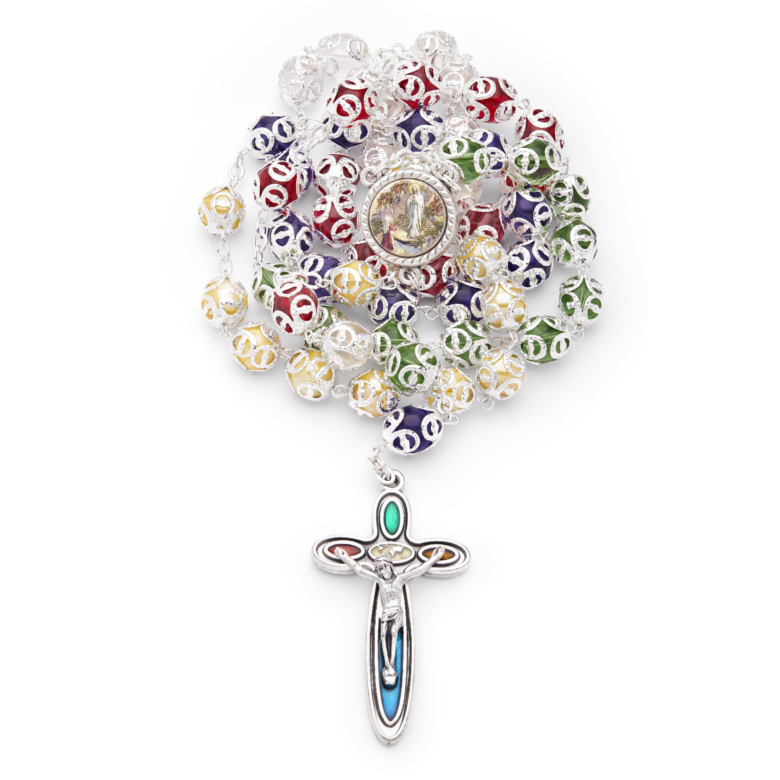 Mondo Cattolico - Rosario católico de los cinco continentes con centro de mesa que contiene agua bendita y cuentas de cristal - Ideal para regalos religiosos