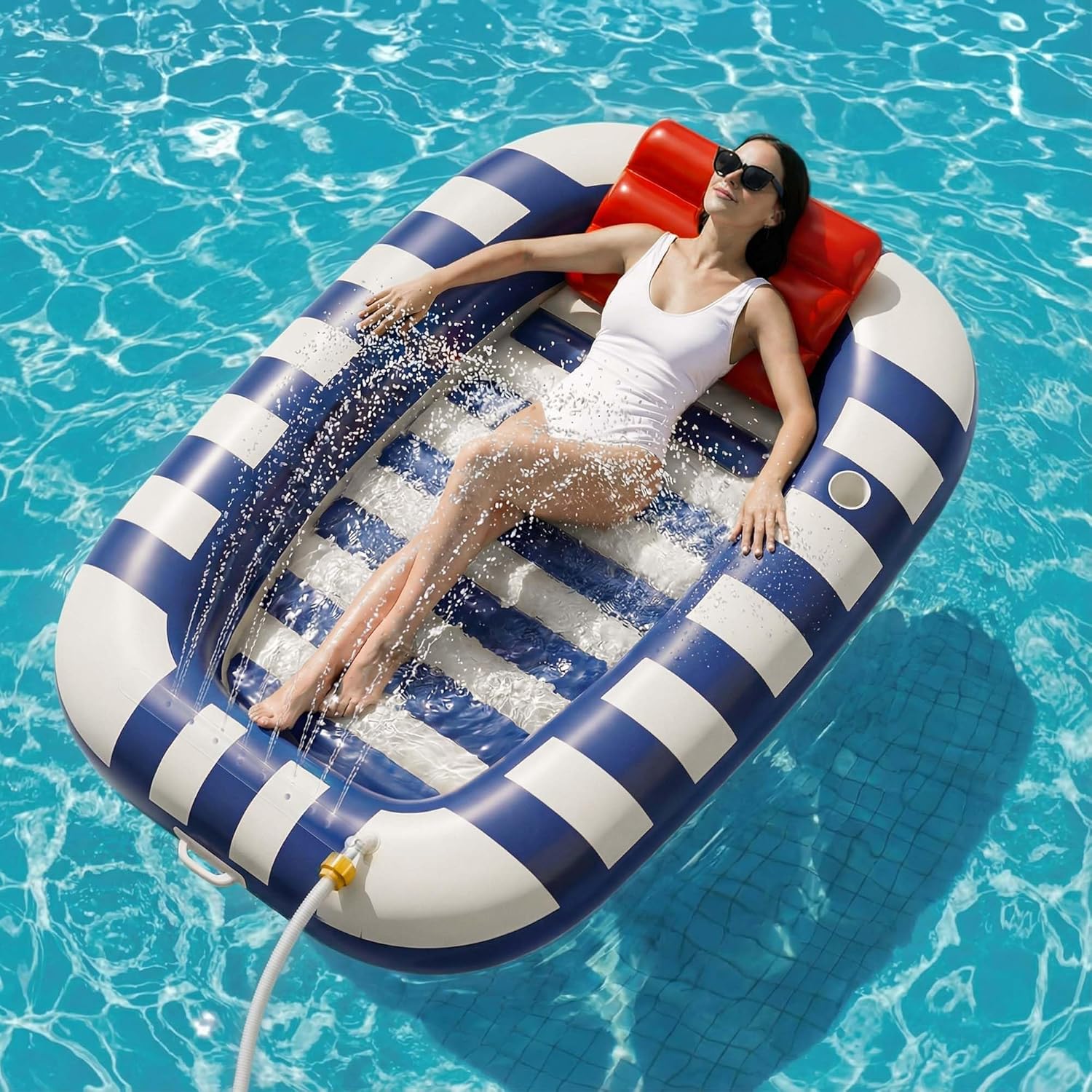 Funscape Inflatable Tanning Pool Float with Water Sprinkler, Adult Lounger Raft with Pillow & Cup Holder, 70x47" Blue Swim Mat