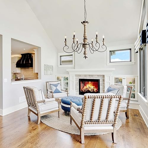 Miniatura 2 de LALUZ Lámpara de araña de granja, iluminación de campo francés para comedor, lámpara de araña elegante de 6 luces, brazos de nube en acabado de