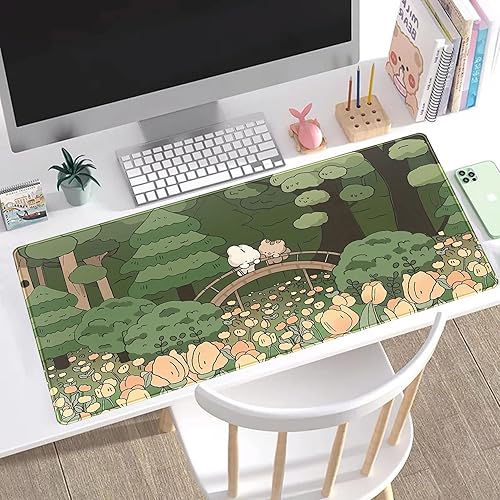 Miniatura 4 de Tapete de escritorio de bosque anime, lindo tapete de mouse verde, tapete de escritorio completo Kawaii estético XXL para juegos Mousemat XL,