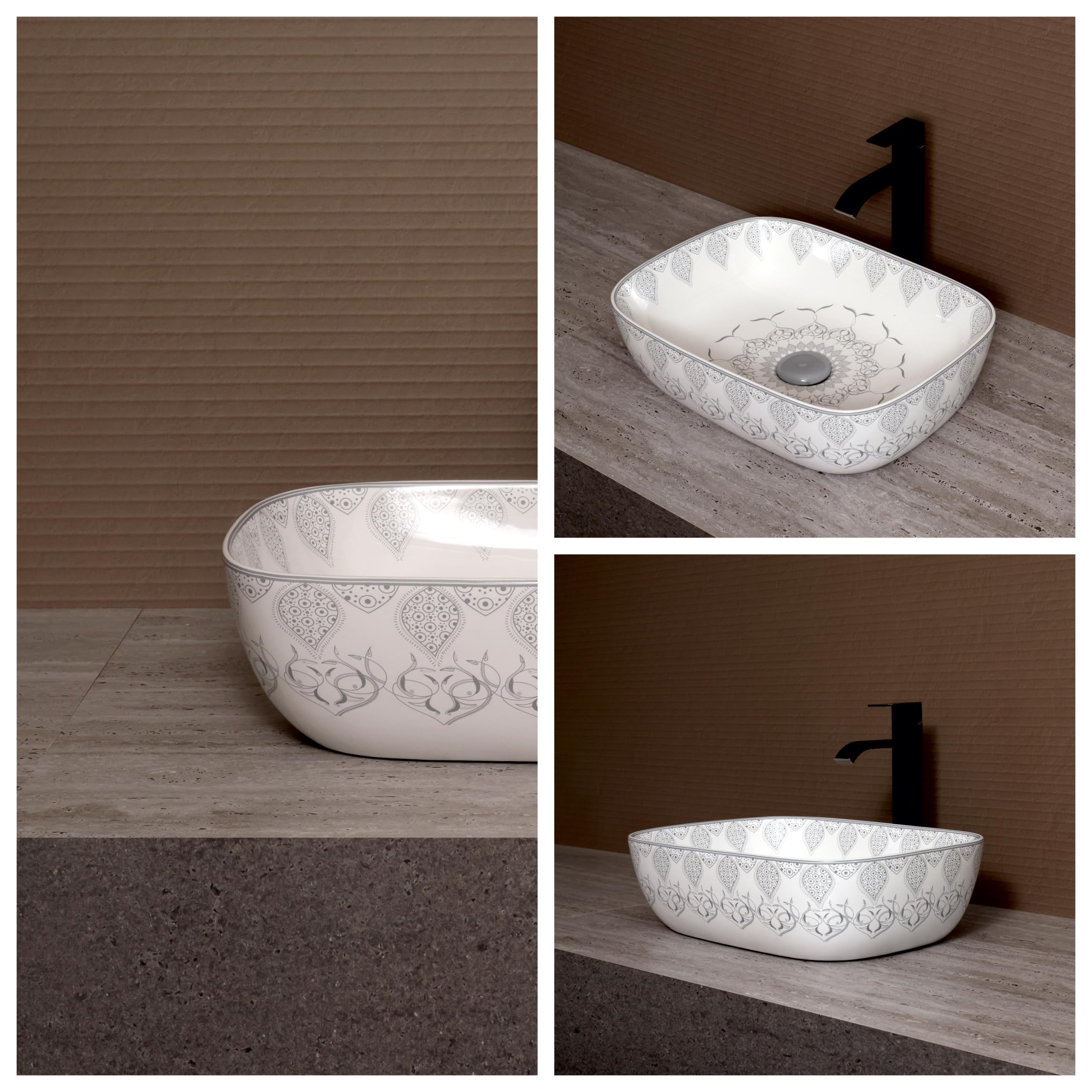 Archstone Wash Basin for Bathroom - 1 Year Warranty -Tabletop Washbasin - Ceramic Glossy Rectangle Designer Moroccan Countertop Vessel Sink, Dining Hall & Vanity 33x45x14.5 cm (Grey Moroccan) 2