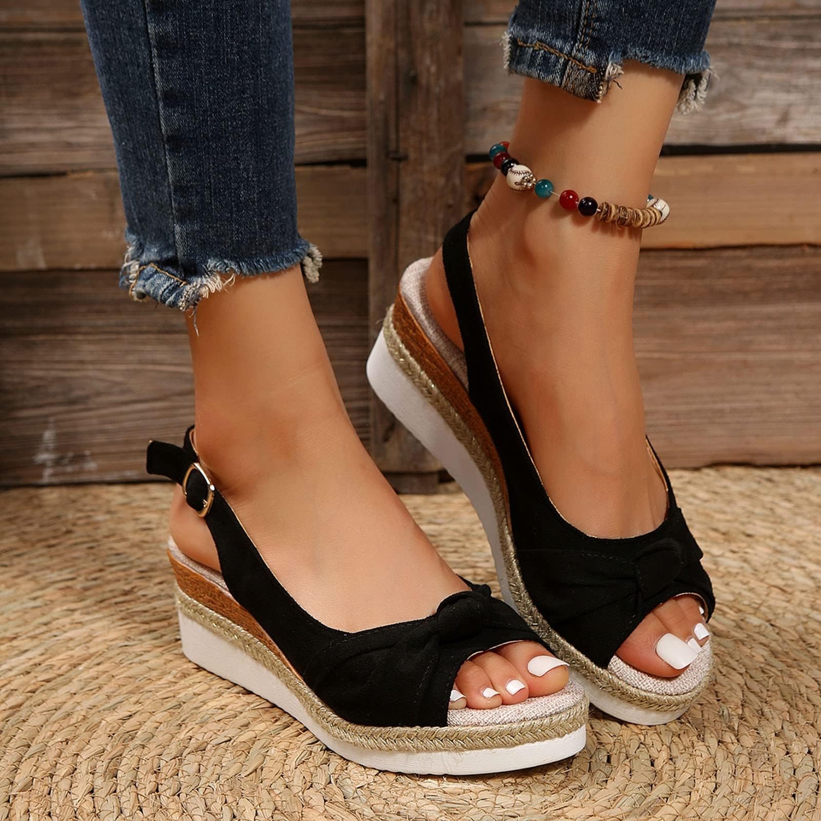 Orthopedic Platform Wedge Sandals for Women 2025 New Bowknot Wedge Sandals Open Toe Ankle Strap Hemp Rope Wedge Heels Summer Dressy Platform Sandals