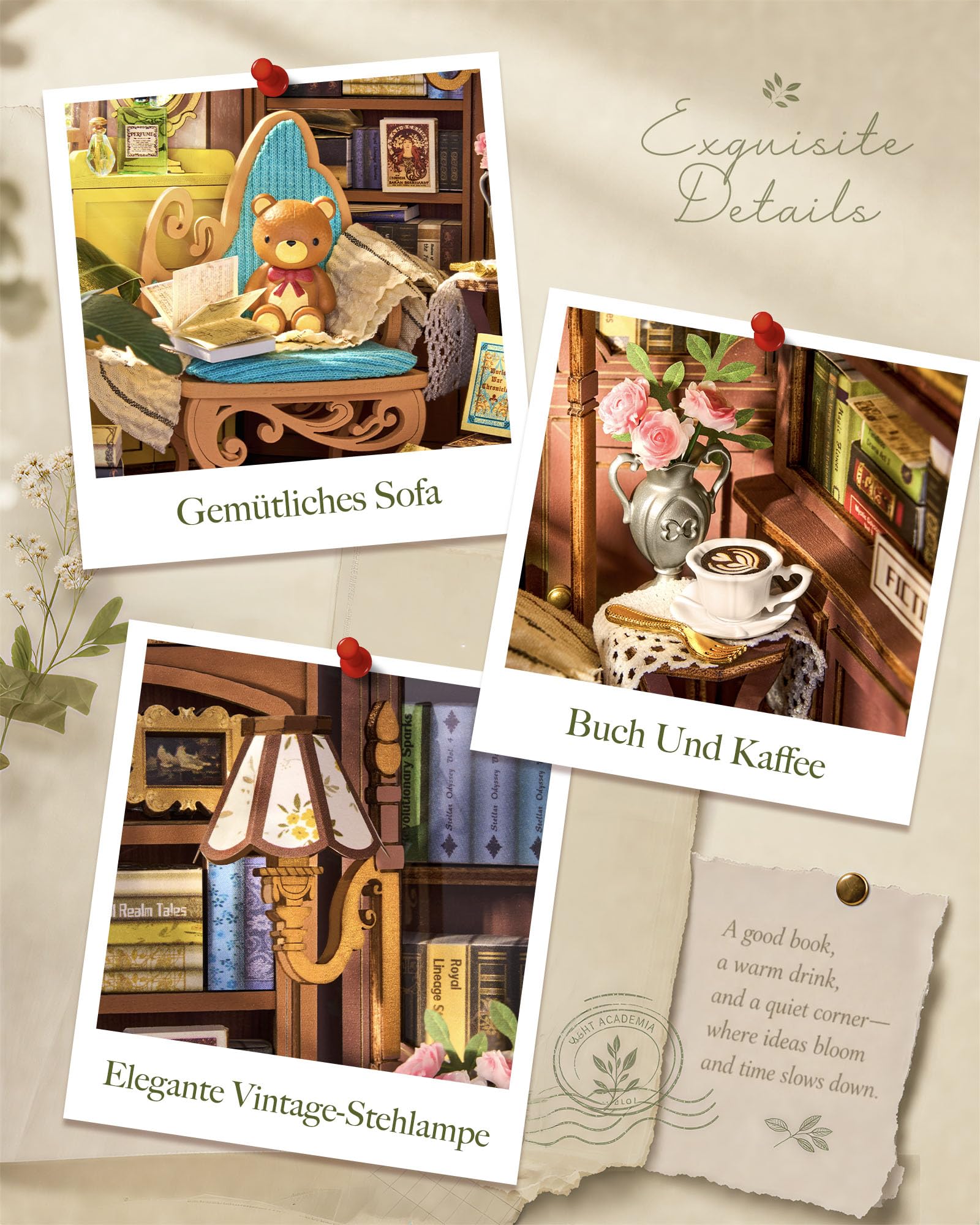 Rolife Book Nook Kit für Erwachsene Miniatur Haus Selber Bauen mit Licht Booknook Bausatz 3D-Holzpuzzle Bücherstütze für Regal Bibliothek Bücherregal Dekoration